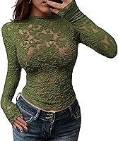 BTFBM Women's Mesh Lace Long Sleeve Top Sexy Sheer See-Through Crew Neck Blouse Party Club Fall Outfits
