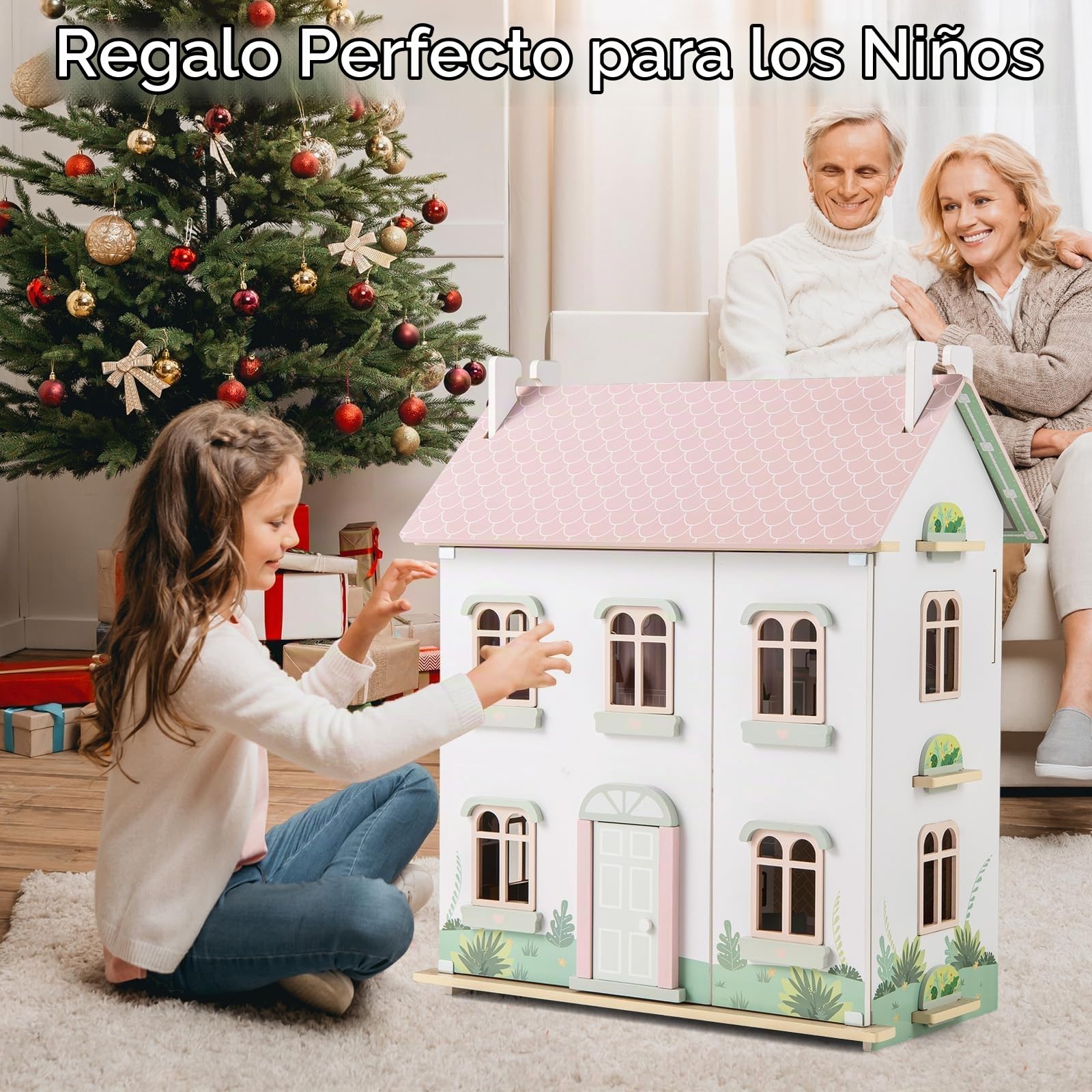 RELAX4LIFE Casa de Muñecas de 3 Pisos con Muebles, Tejado Doble y Panel Frontal Abierto, Casa de Muñecas Madera para Niños de 3-7 Años, Regalo para Niños, 55 x 33,5 x 66 cm, Rosa
