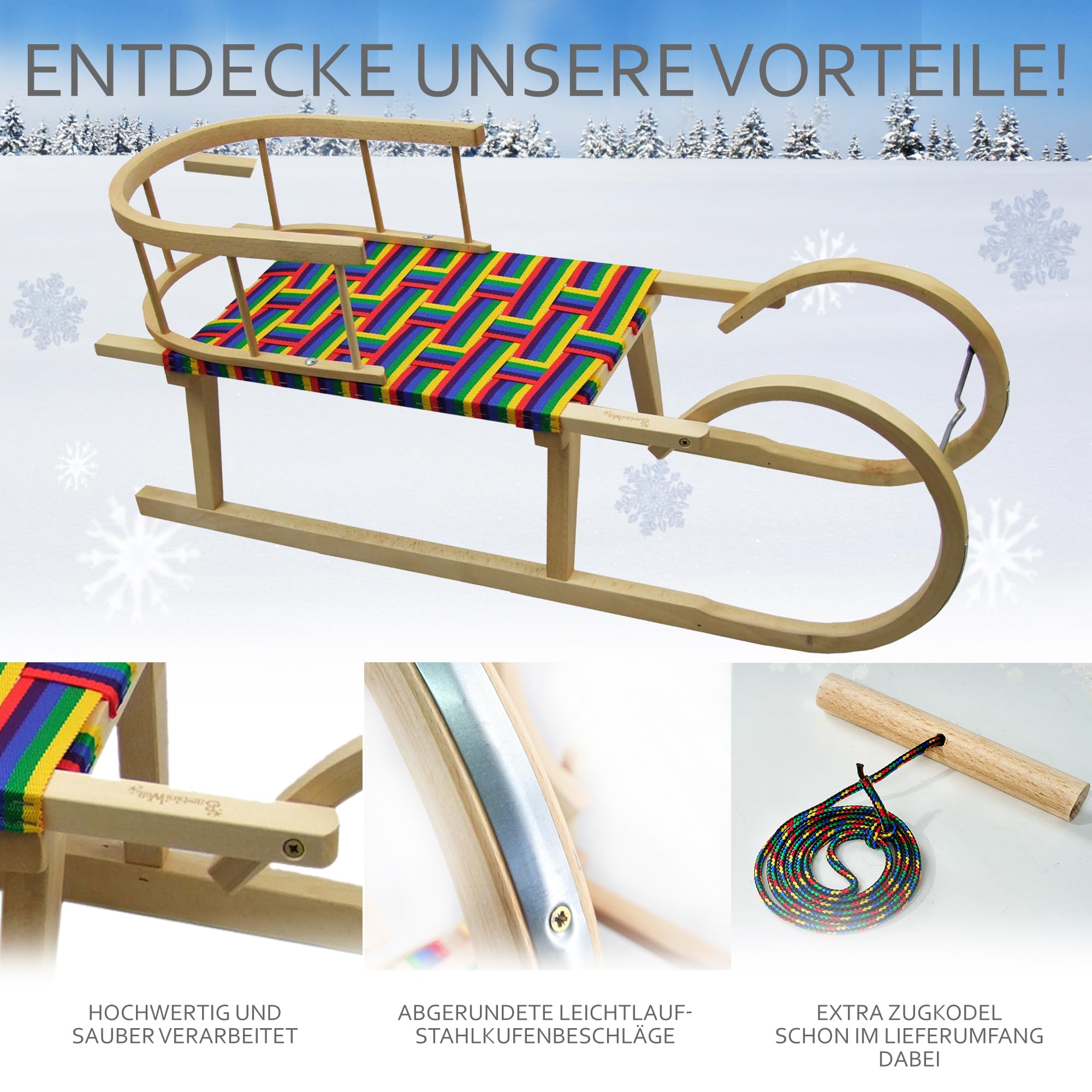 Hörnerrodel 100 cm mit Rückenlehne & Gurtsitz bunt - Holzschlitten aus massivem Buchenholz - Hörnerschlitten Rodelschlitten für 2 Personen mit Zugseil & Stahlkufen - robust & langlebig