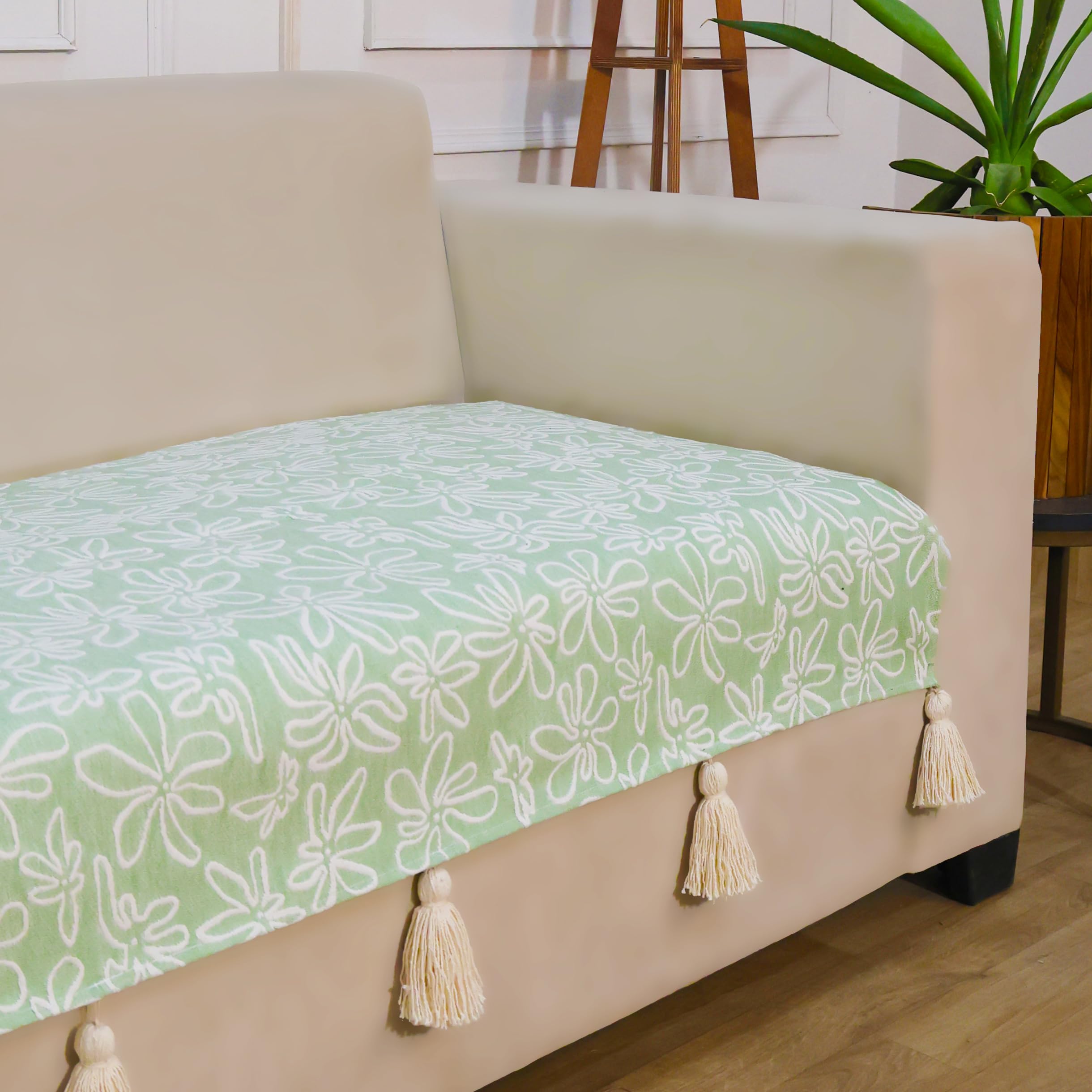 STITCHNEST 'Verdant Phool Stories' 3 Seater Sofa Cover| Elegant Jacquard Fabric, Decorative Tassels, Washable & Durable for Modern Living