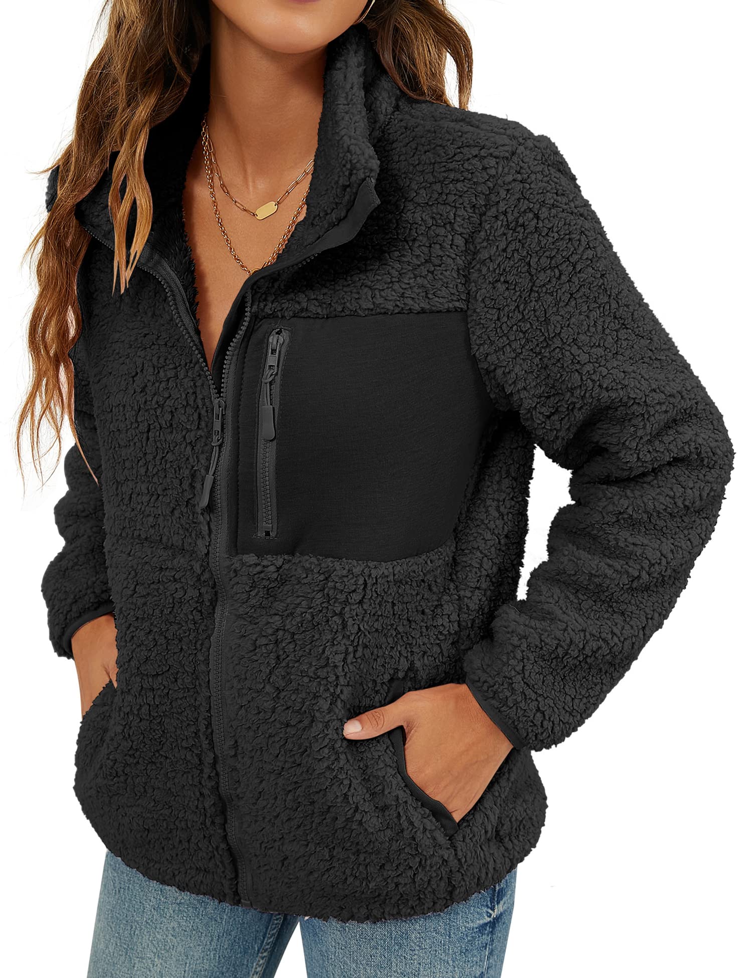 VVK Women's Fashion Faux Shearling Shaggy Full Zip Coats Warm Winter Patchwork Jackets with Pocket