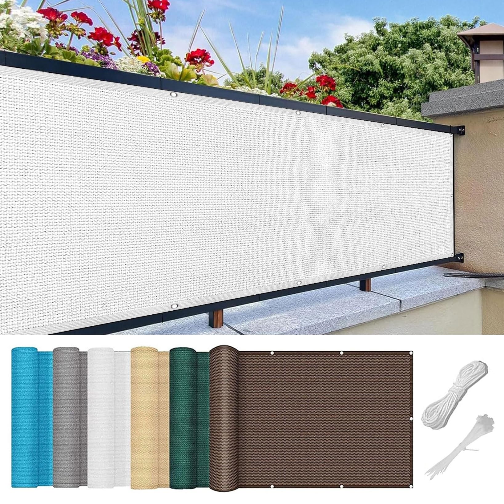 Balcony Privacy Screen 155 x 950 cm Anti-Peeping, Anti-Ultraviolet Patio Privacy Screen for Balcony with Cable Ties, Tear-Resistant Fence Screen for Balcony and Patio, White