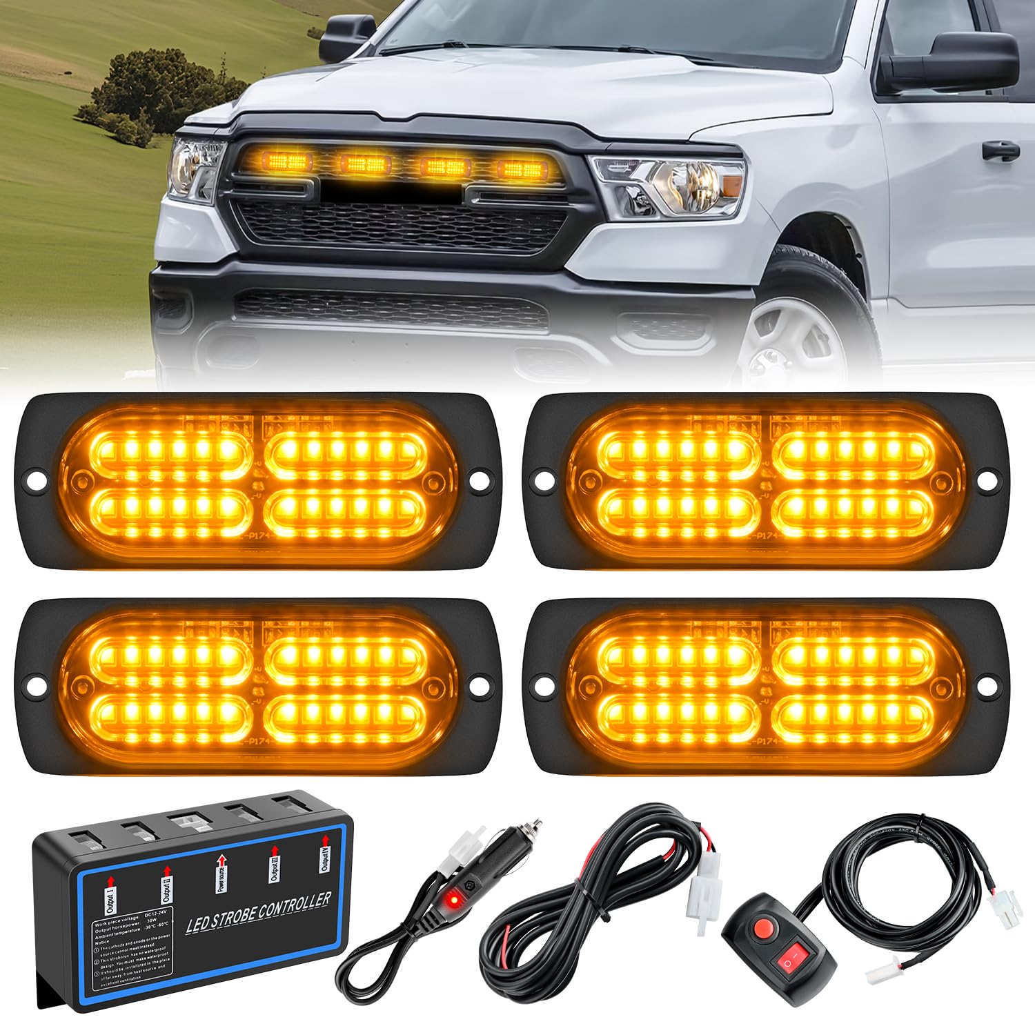 Nilight Juego de 4 luces LED de advertencia 12 V 24 V función de sincronización ámbar 24 LED luces de emergencia con controlador arnés de cables o encendedor de cigarrillos para coche, camión