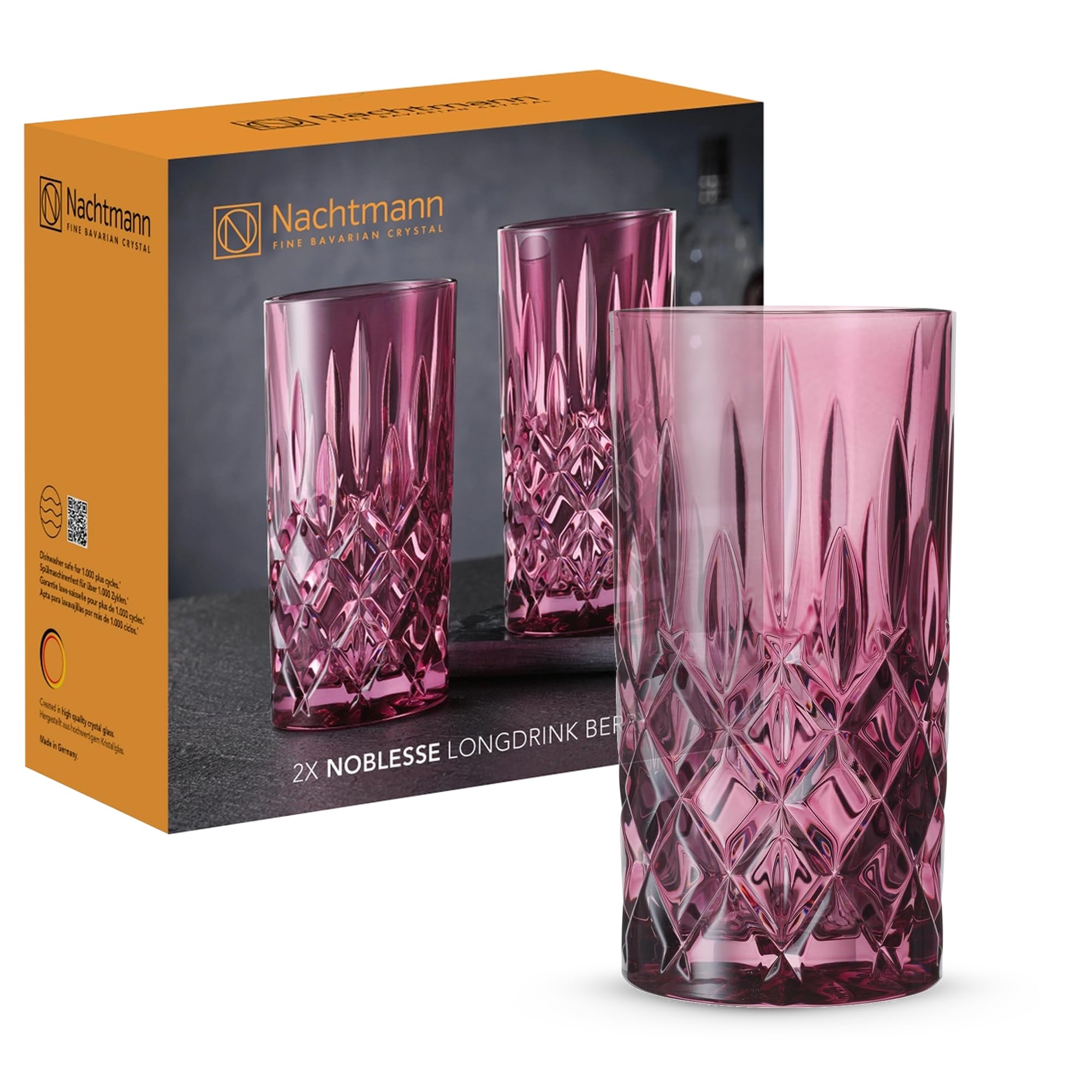 Nachtmann 105442 Set of 2 Long Drink Glasses, Red Cocktail Glasses, Crystal Glass, 395 ml, Berry, Noblesse