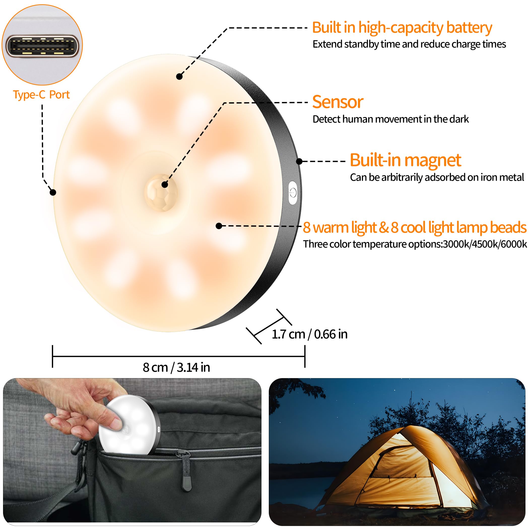 LED Nachtlampjes met Bewegingssensor, 6 Stuks, USB Oplaadbaar, 3 Kleurtemperaturen 3000K/4500K/6000K, Magnetisch, 8cm, Zwart LED Nachtlampjes met Bewegingssensor, 6 Stuks, USB Oplaadbaar, 3 Kleurtemperaturen 3000K/4500K/6000K, Magnetisch, 8cm, Zwart