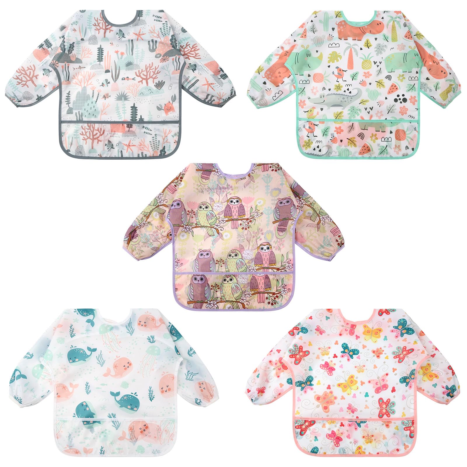 Vicloon Bibs with Sleeves, 5Pcs Long Sleeve Waterproof Bibs, Unisex Feeding Bib with Large Pocket