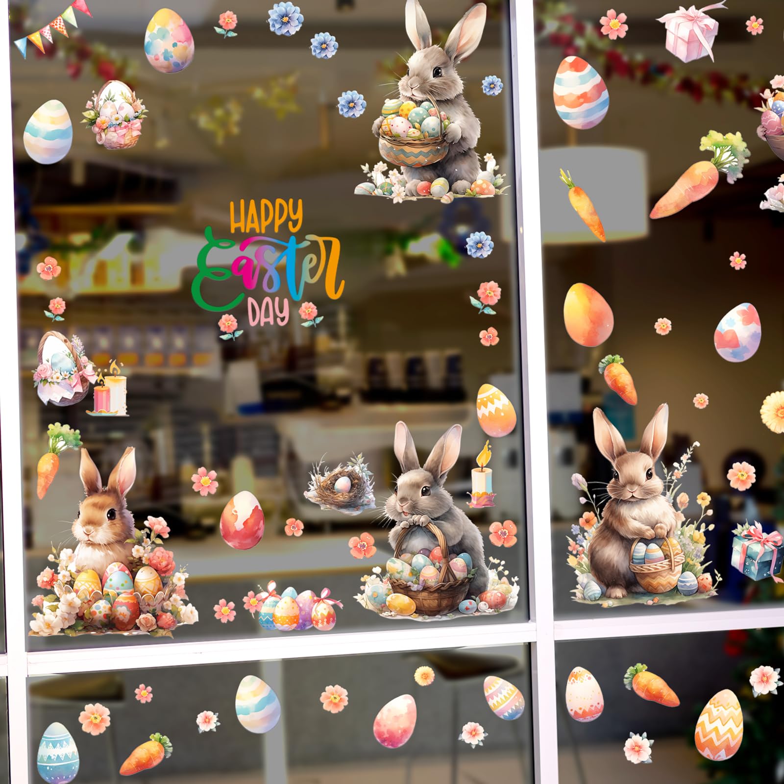 Happy Easter Bunny Rabbit Window Clings, Decoraciones de Pascua Pegatinas de Ventana Impresión de Doble Cara Juego de Caza de Huevos, Película Electrostática para Ventana de Pascua Adhesivos