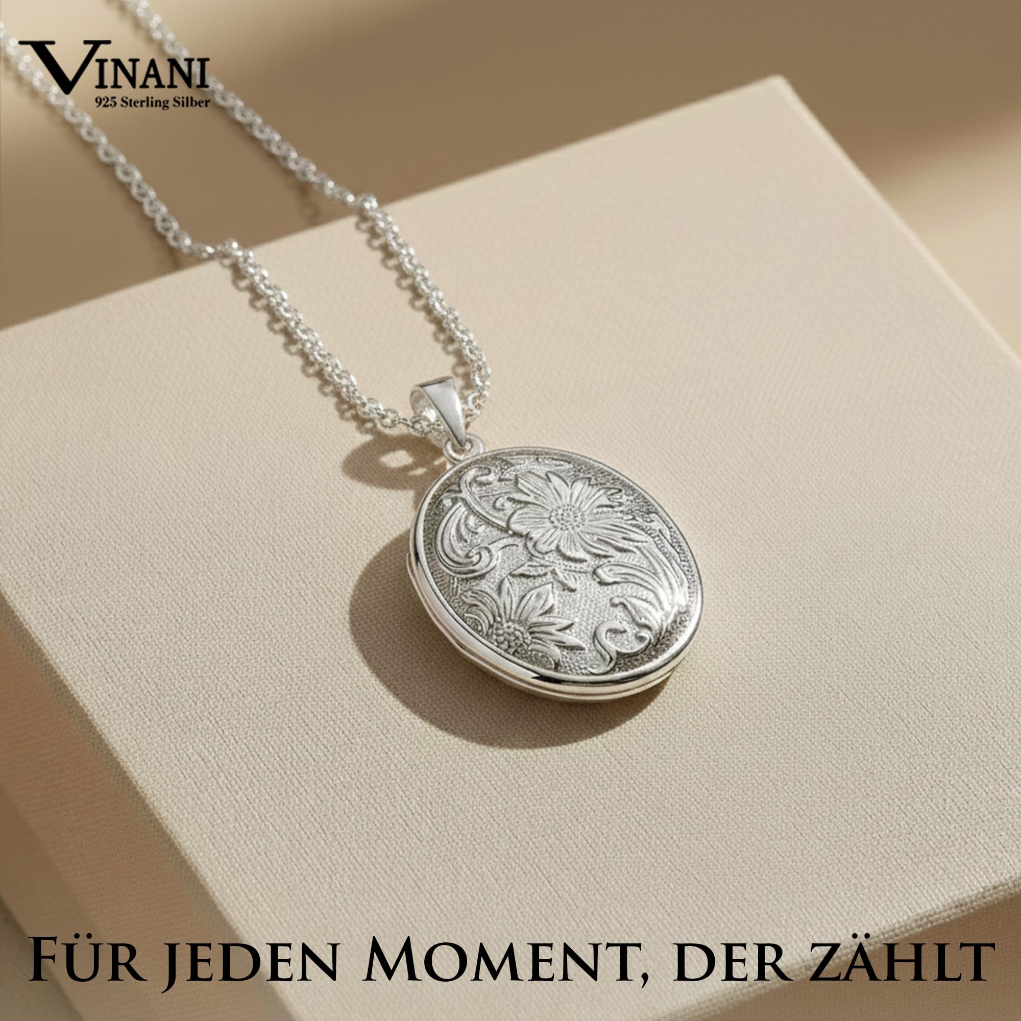 Vinani 2AMC-T - Medaglione ovale lucido con catenina in argento Sterling 925, ciondolo a forma di fiore