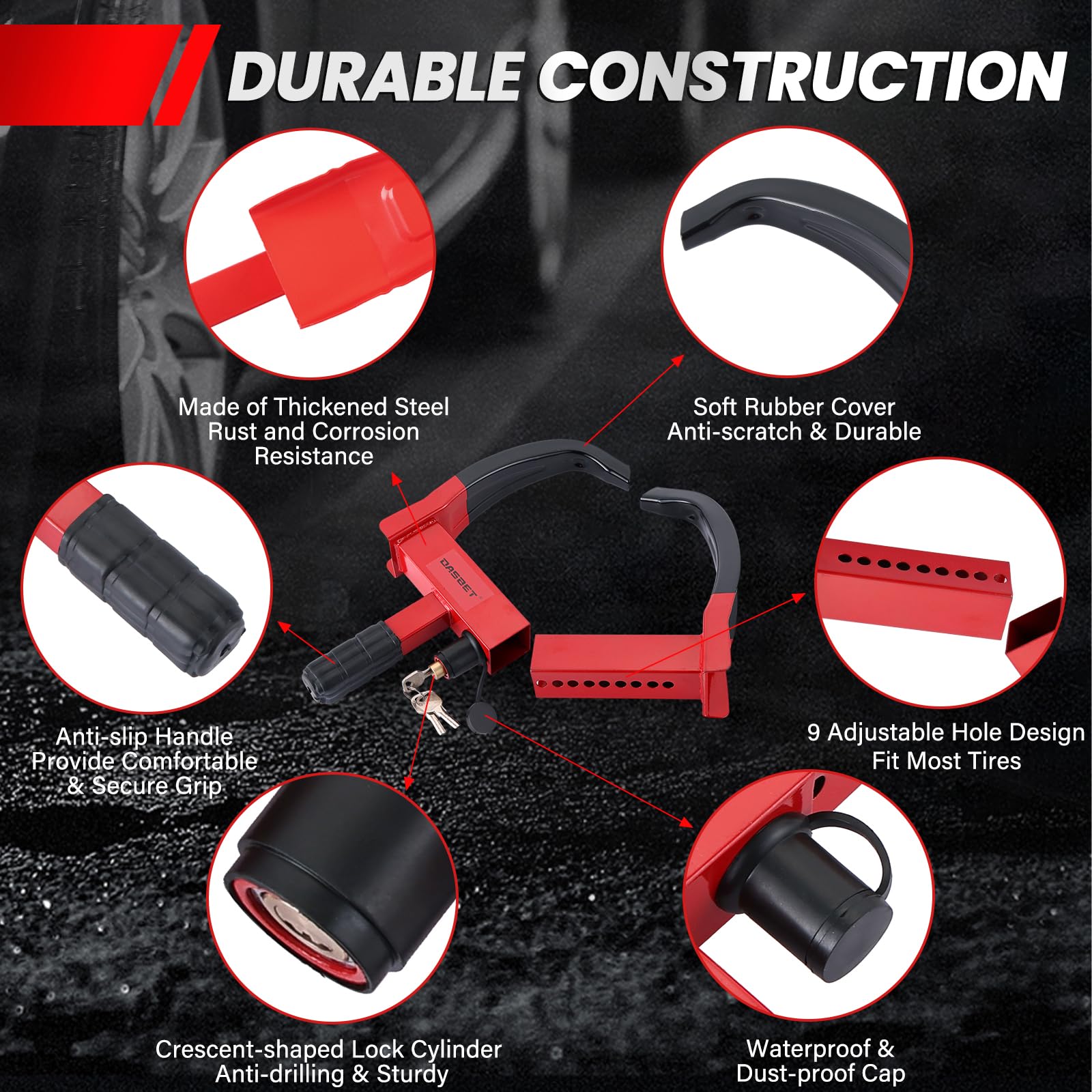 DASBET Morsetto antifurto per ruote con 3 chiavi, regolabile, per pneumatici di larghezza da 17,8 a 27,9 cm, morsetto di sicurezza per auto, roulotte, rimorchi
