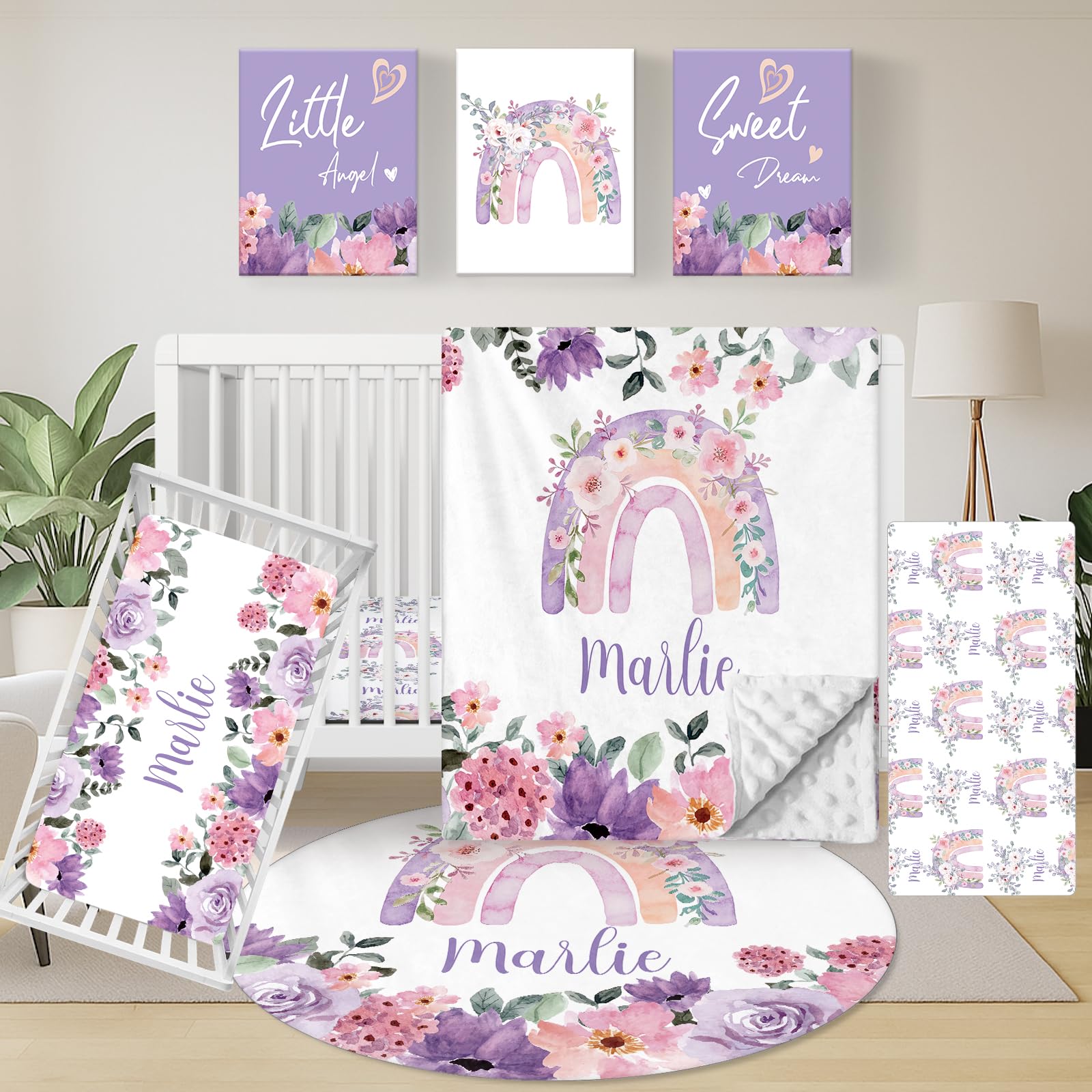 Personalized Baby Crib Bedding Set, 5 Piece Custom Name Baby Crib Bedding with Blanket, Fitted Sheet, Rug, Changing Pad Cover, Wall Art for Infant Toddler Boys Girls, Gift, Rainbow Floral Theme