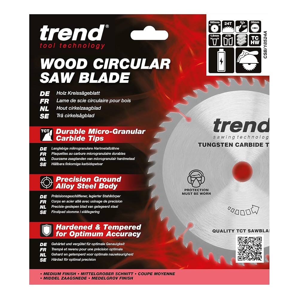 Trend Wood Cordless Circular Saw Blade, 185mm Diameter, 30mm Bore, 24 Teeth, 1.8mm Kerf, +15u00b0 Hook, TCT, Medium Finish, CSB/18524A