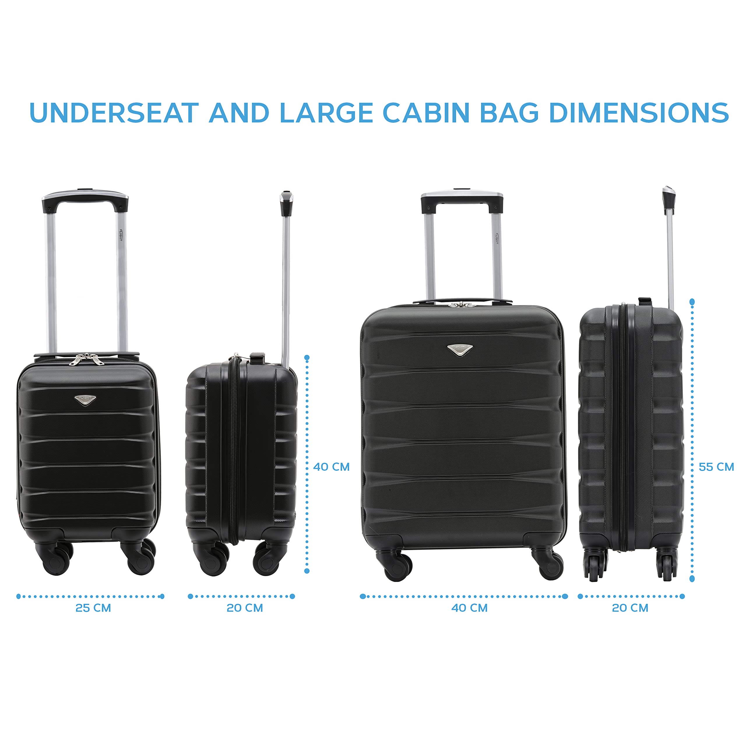 Flight Knight Suitcase Set of 2 Lightweight 4 Wheel ABS Hard Case Cabin Carry On Hand Luggage - Ryanair Maximum Size for Overhead Cabin & Under Seat Carry-On - 55x40x20cm & 40x20x25cm