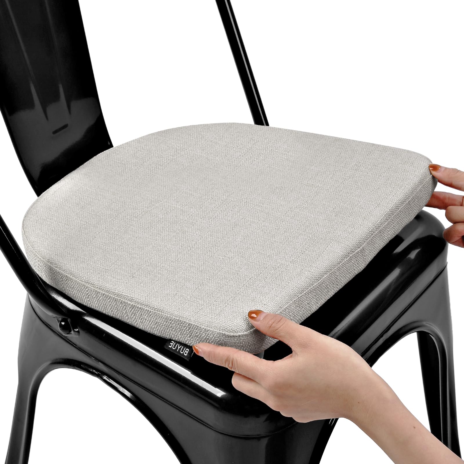 BUYUE Friendly Woven Fabric 14x14 Magnetic Cushion for Metal Chair 1 Piece, Enhanced Anti-Slip Seat Pad for Dining Kitchen Café Stackable Chair (U-Shape, Light Grey, 1 Count)