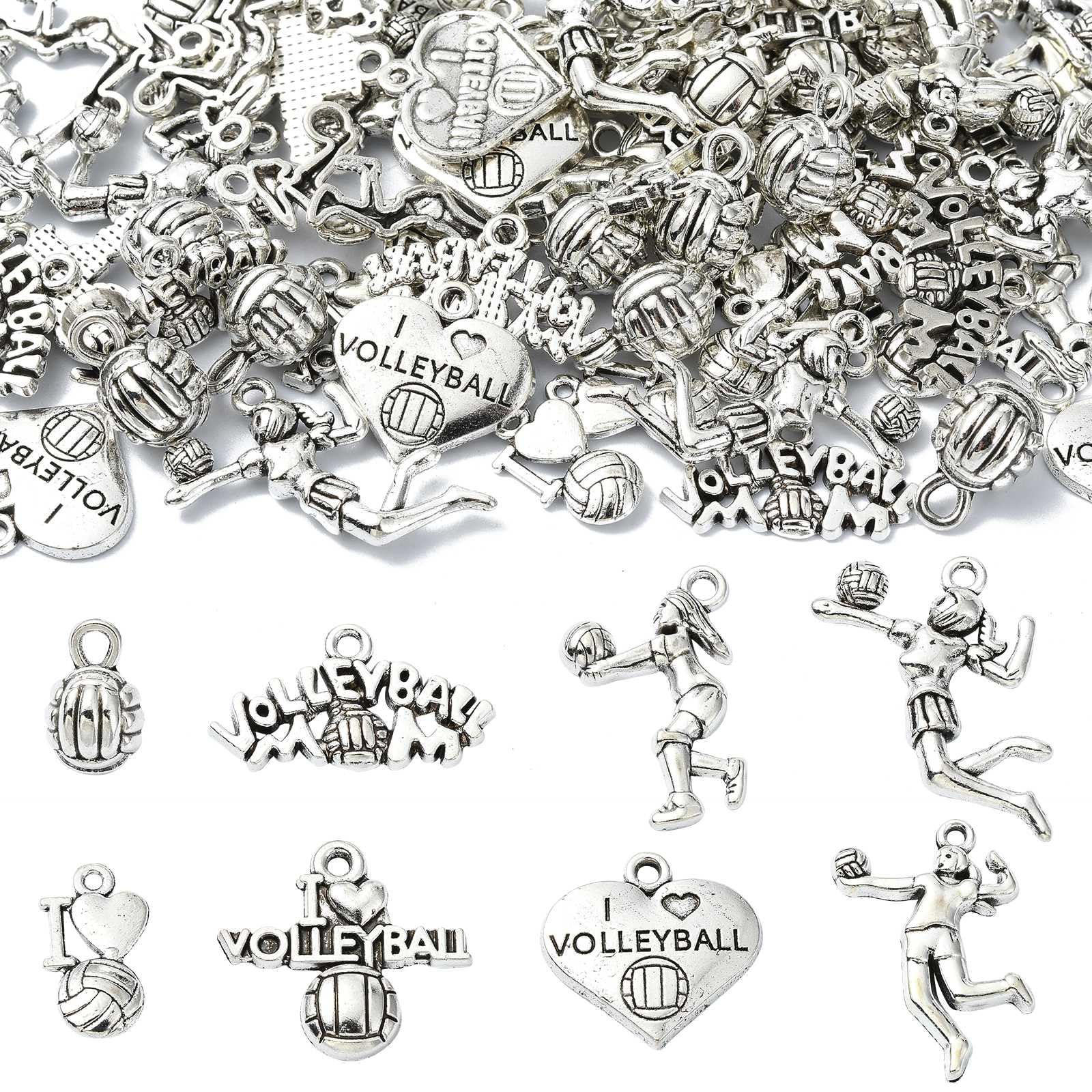UR URLIFEHALL 80 Pcs 8 Styles Sport Theme Tibetan Silver Volleyball Charms Sport Ball Charms for Necklace Bracelet Jewellery Crafts