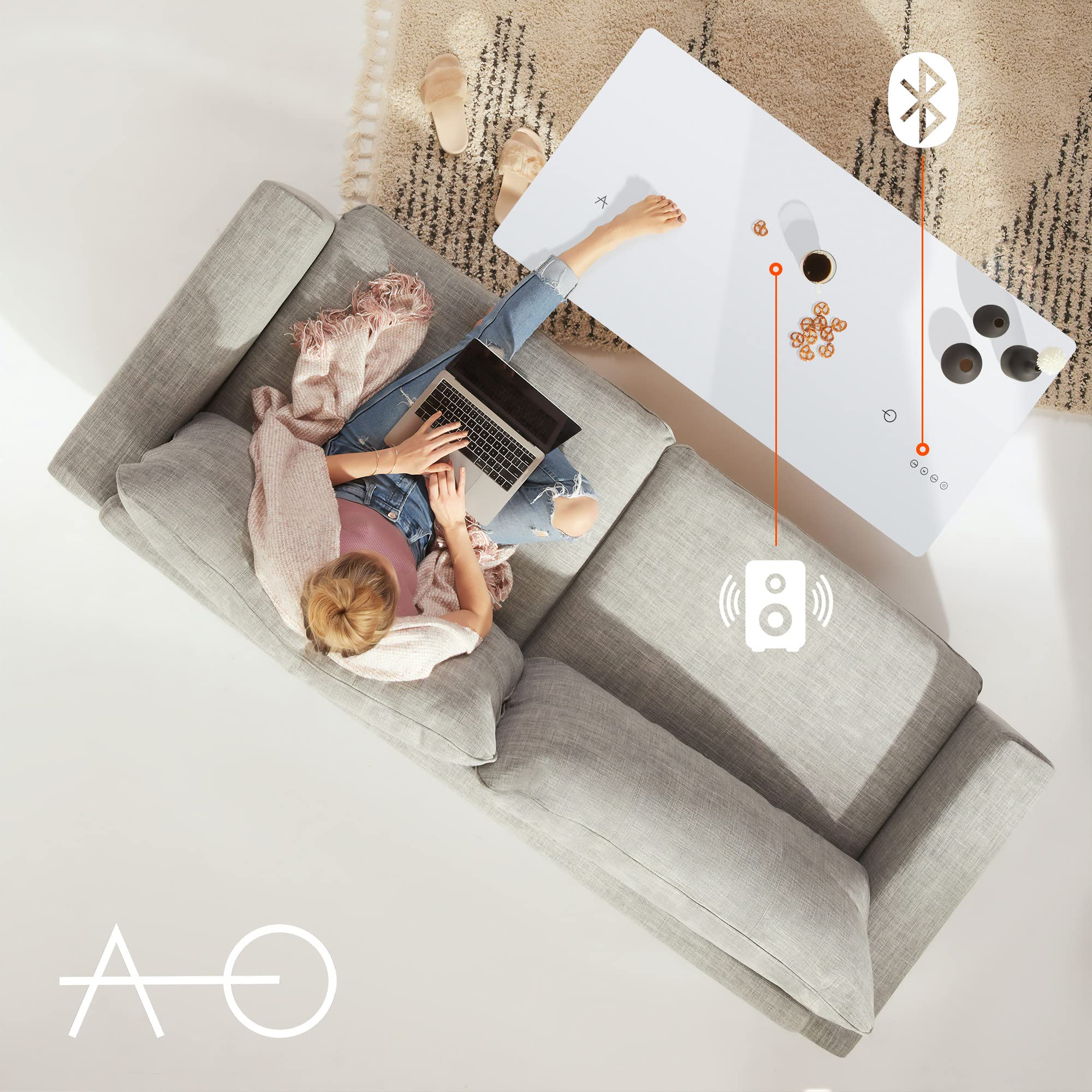 Mesa de Centro con Altavoces Bluetooth y 2 Bases Cargador Inalámbrico, Mesita de Salón de 120x60 cm con Touchpad Smart, USB C, AUX, Estación de Carga Inductiva, Blanca