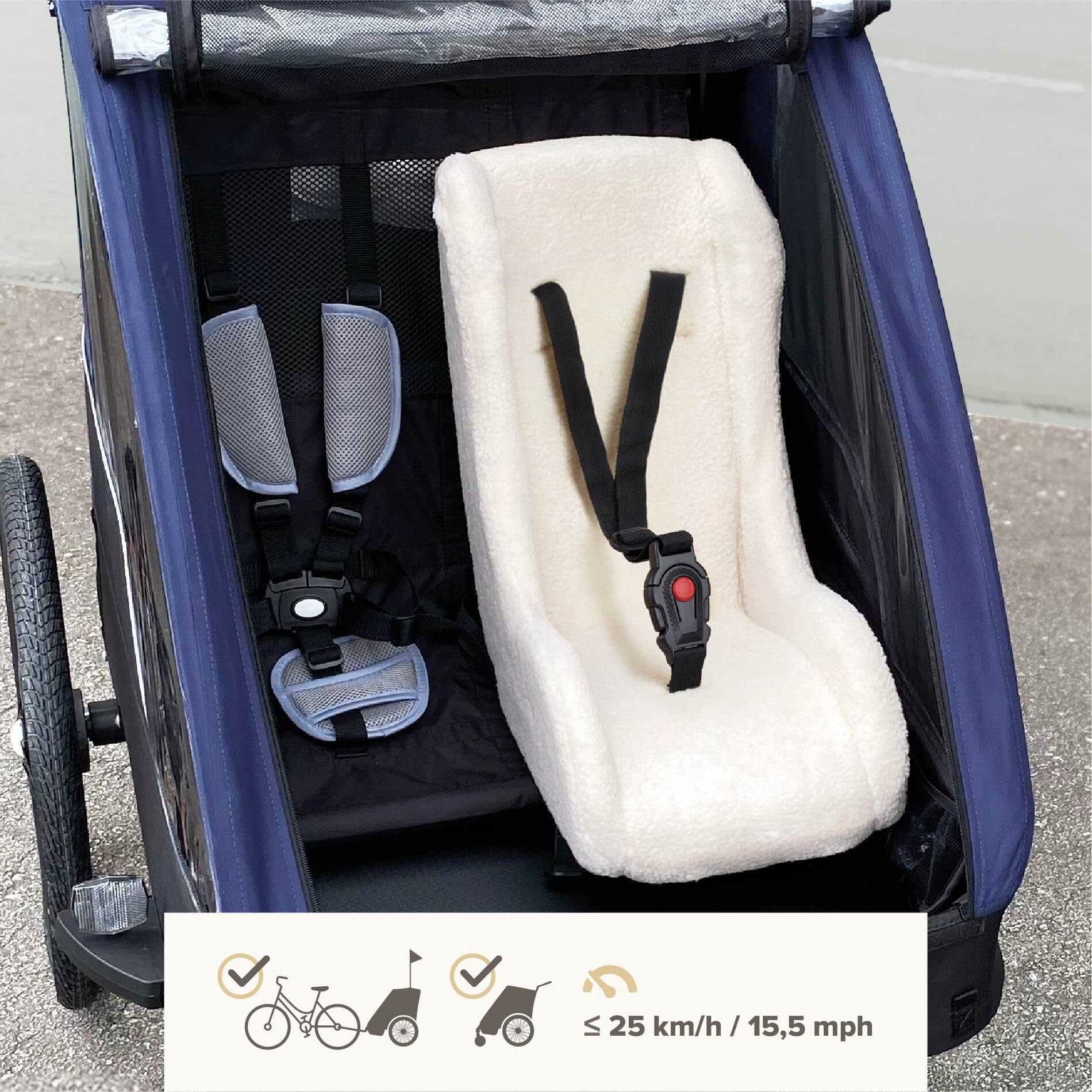 POLISPORT Mini Pelican Fleece-Babysitzverkleinerer mit 3-Punkt-Gurt für Anhänger, Kinderwagen und Lastenrad, Weiß