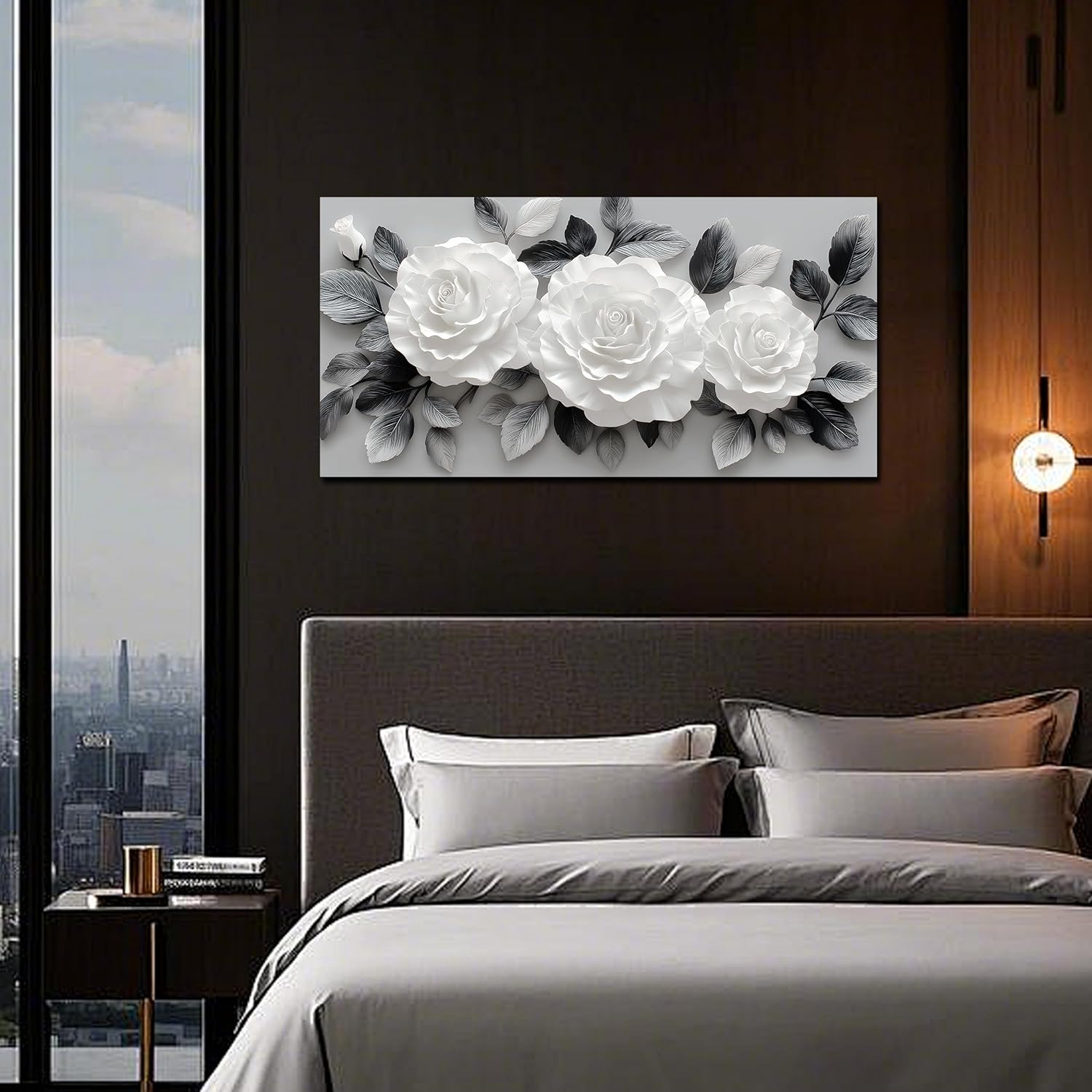 MMMSANSAT White Floral Wall Art for Living Room Black and Grey Leaves Modern Canvas Prints Large Artwork for Bedroom Office Aesthetic Decor 20x40