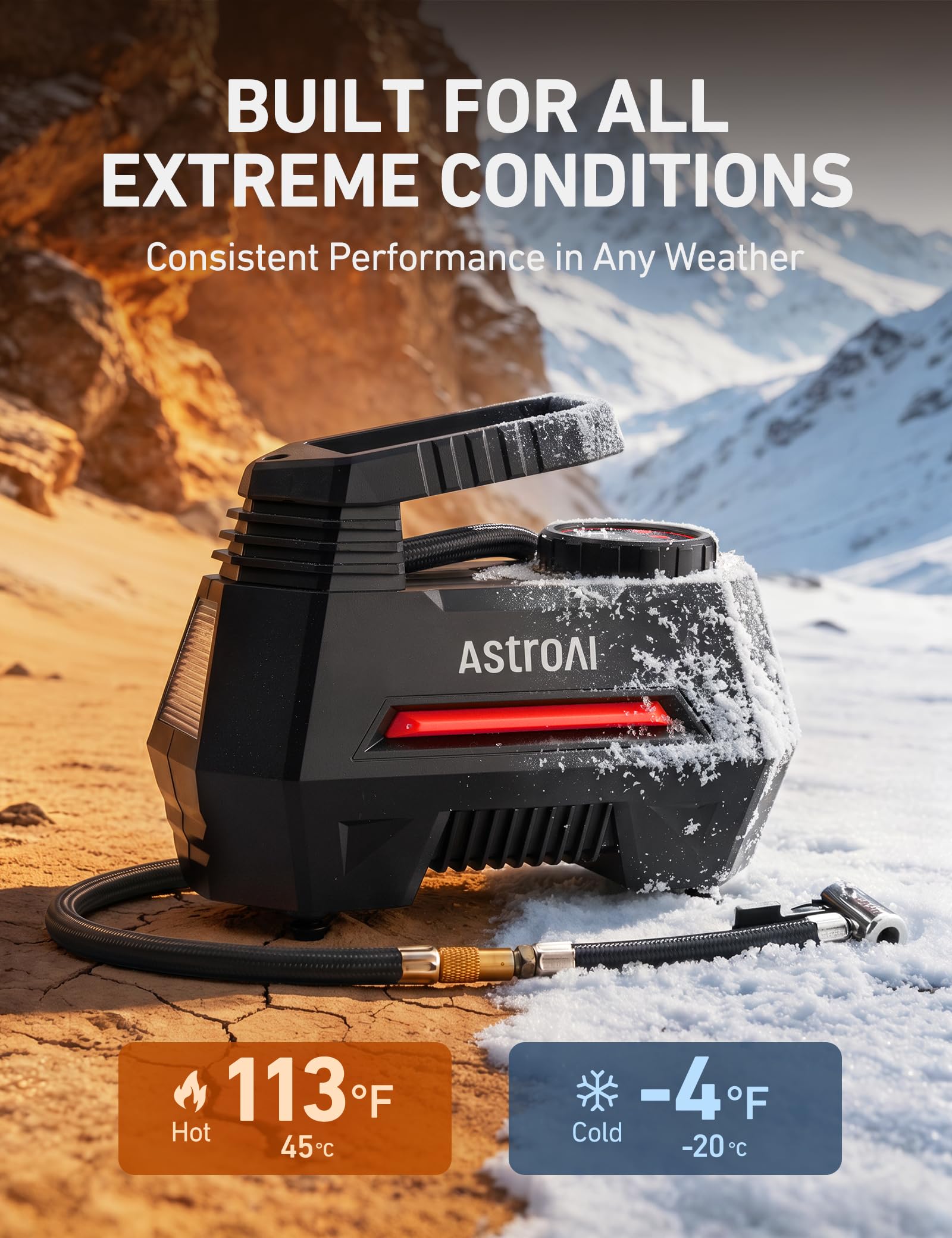 AstroAI AIRUN H Tire Inflator Portable Air Compressor, 12V DC Tire Inflator, Auto Shut-Off with Digital Pressure Gauge & LED Light, Fast Inflation for Car, Motorcycle, Bike Tires, 9.8Ft Cord, Red view 6