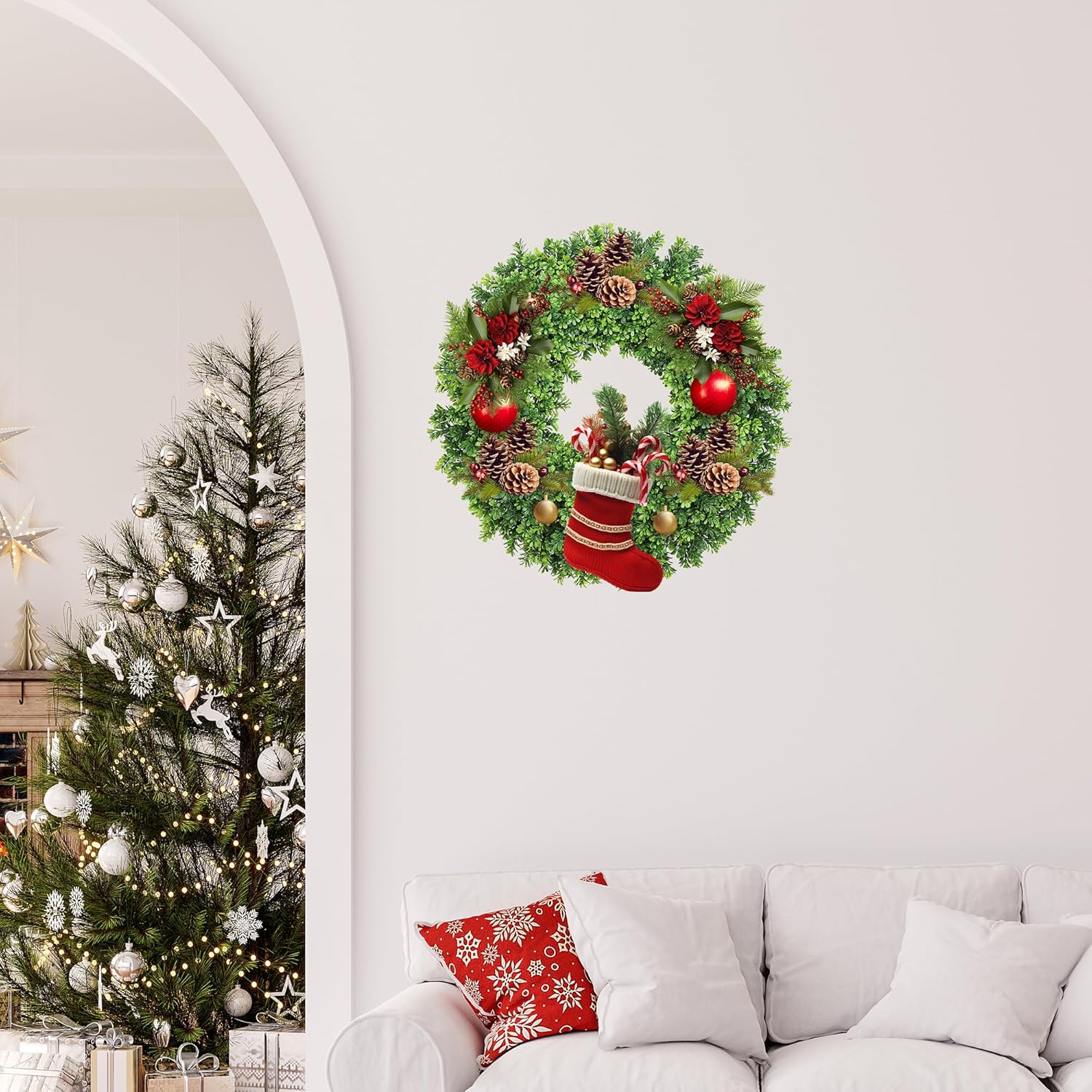 24 Inch Boxwood Wreath for Front Door, Spring/Summer All Season Door Wreath, Farmhouse Style, Outdoor Indoor Decor (Green, 24)