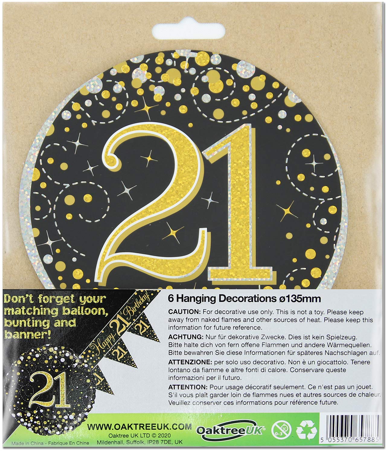 OakTree Sparkling Fizz Hängewirbel Zum 40. Geburtstag – Schwarz/Gold, 6 Stück, Je 81 Cm Lang
