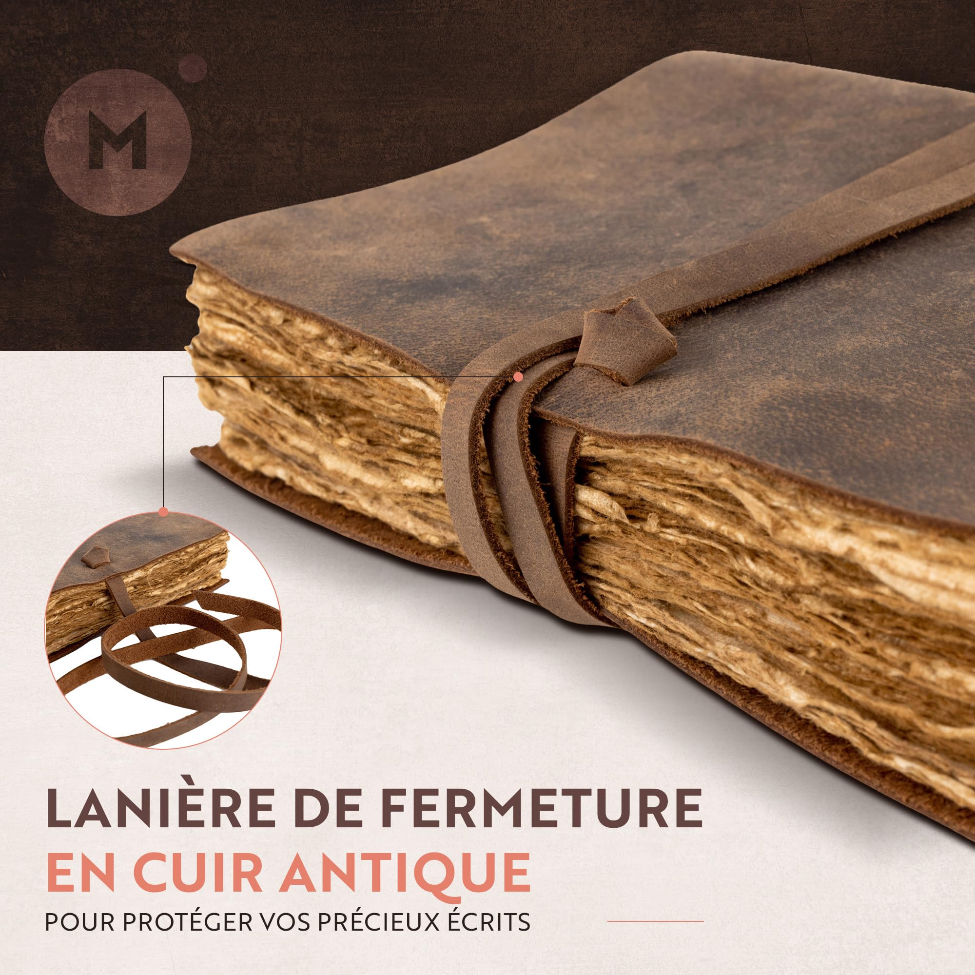 Moonster® Journal Vintage, 240 Pages de Papier de Coton, Journal Intime en Cuir Vierge, Journal d'Art Antique Fait à la Main, Carnet de Notes de Style Ancien, Carnet de Croquis 20x15 cm