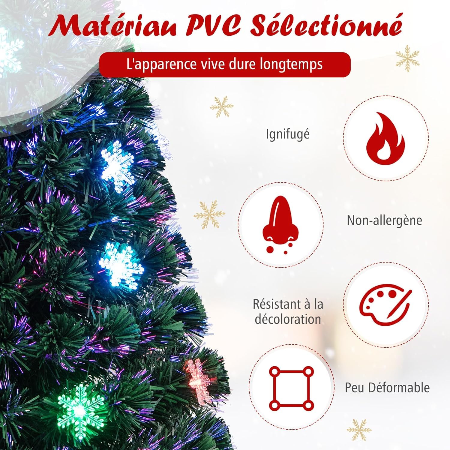 GOPLUS Sapin de Noel Lumineux LED, 120cm Sapin de Noël Artificiel Fibre Optique avec 18 Flocons de Neige Lumières et Etoile Sommet, 125 Branches Touffues, Décoration Noël