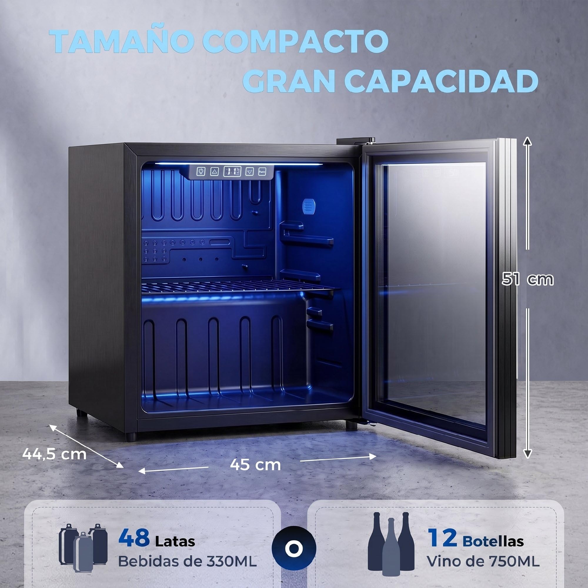 HOMCOM Frigorífico de Bebidas 50 L, Mini Nevera con Puerta de Vidrio Doble, Iluminación LED, Estante Ajustable, 2-18℃, para 48 Latas, Nevera Pequeña para Refrescos, Cerveza y Vino