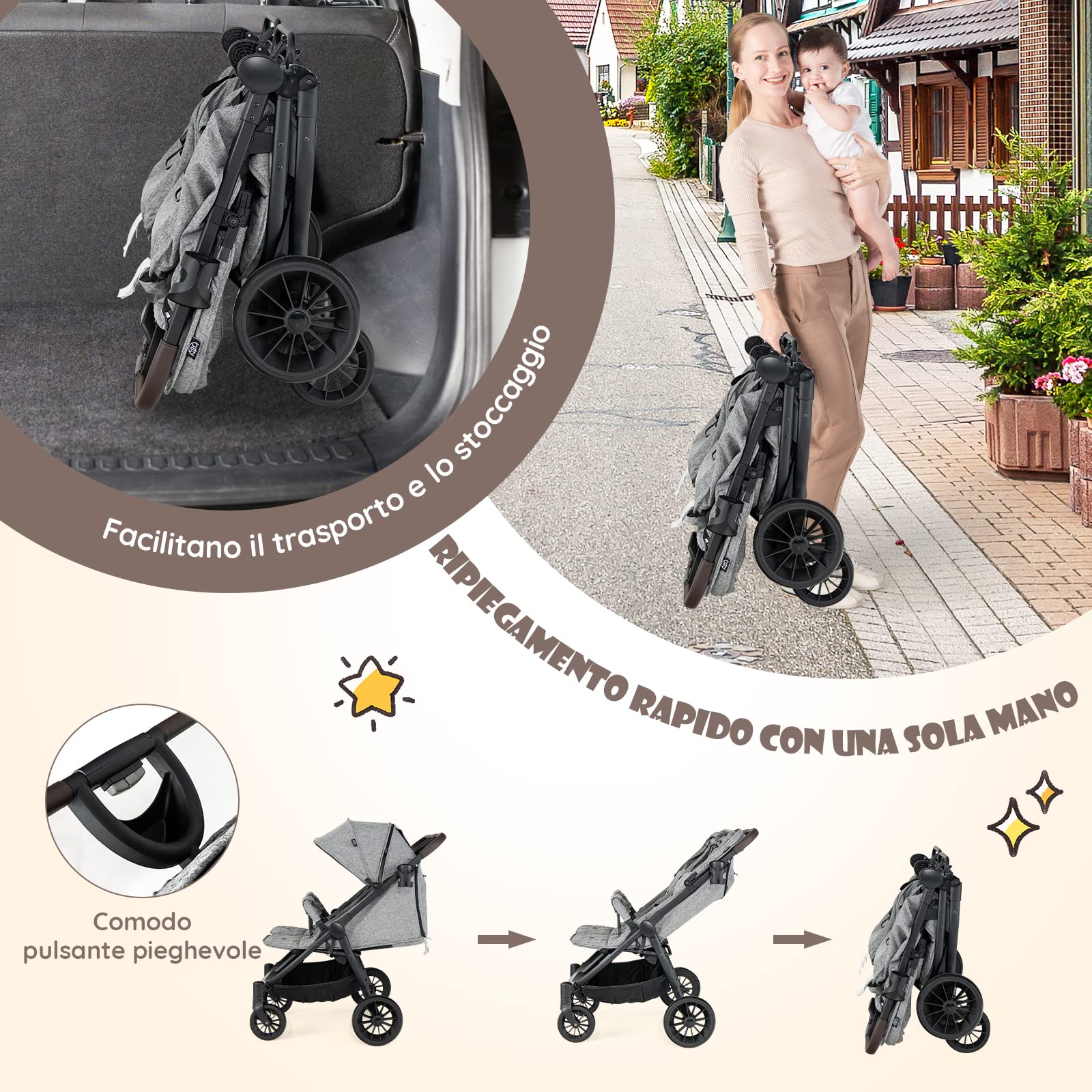 COSTWAY Passeggino Gemellare per Bambini, Passeggino Doppio Portatile Pieghevole con Schienale Regolabile, Tettuccio a 5 Livelli, Cintura a 5 Punti, Ruote 360°, Portata 15+15 kg (Grigio Chiaro)