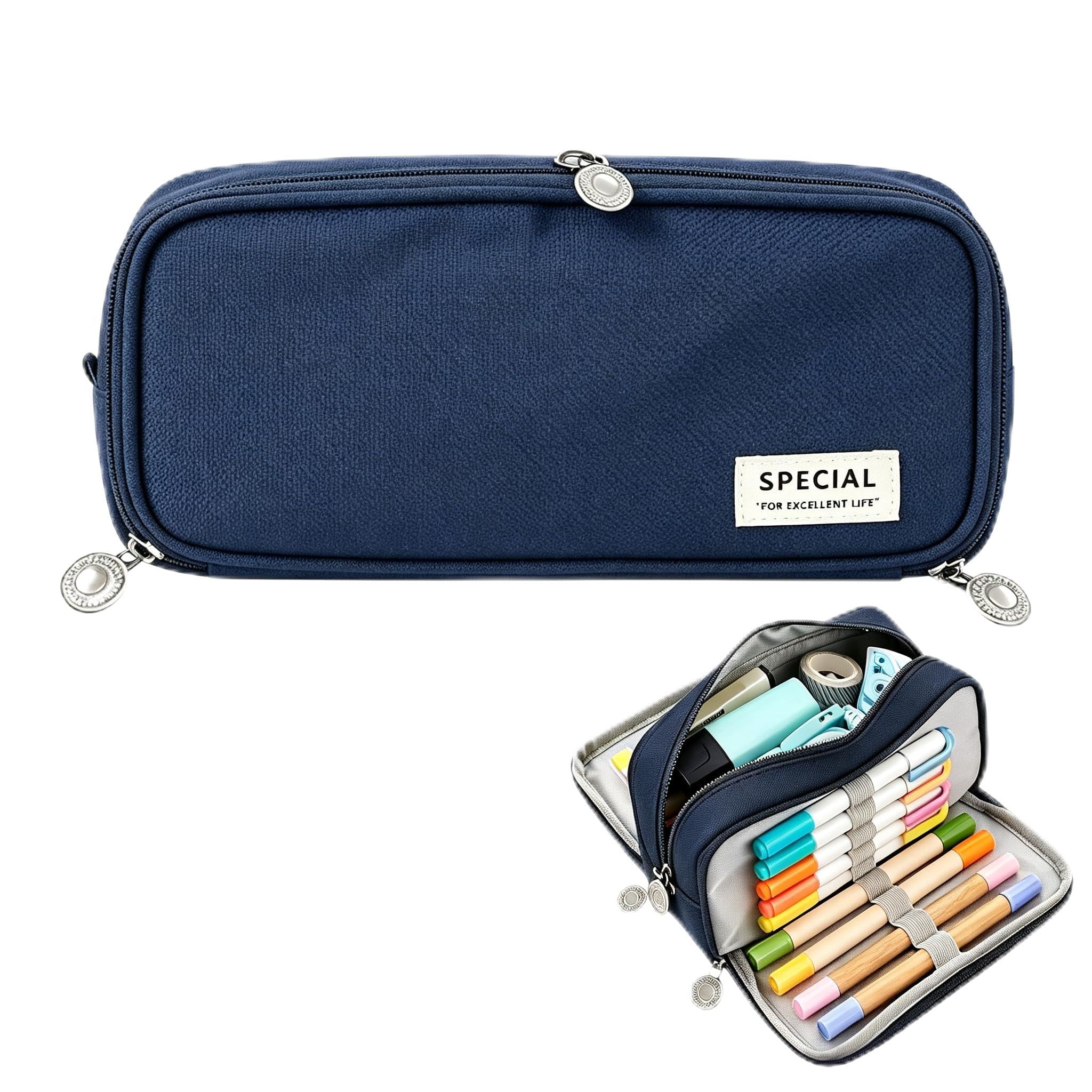 Pencil Cases Secondary School,Pencil Case with Compartments,Pencilcase Large Capacity,Dark Navy Blue Aesthetic Special Pen Pouch,Durable Stationery Organizer Case with 3 Partitioned & Zipper for Boys