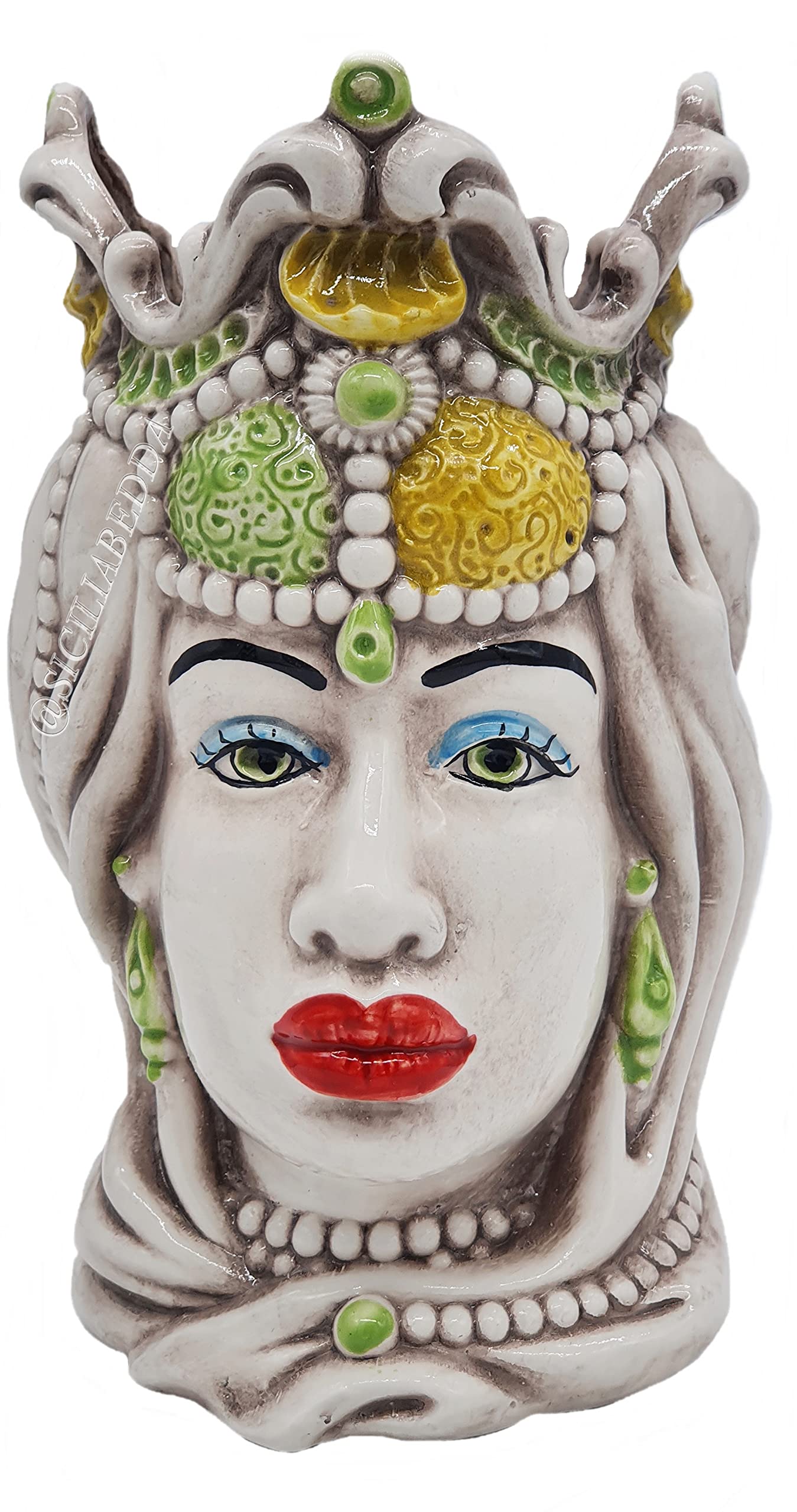 sicilia bedda - Teste di Moro Siciliane in Ceramica di Caltagirone - Realizzato Interamente a Mano - Altezza 18 Centimetri (Testa di Moro Donna Verde)