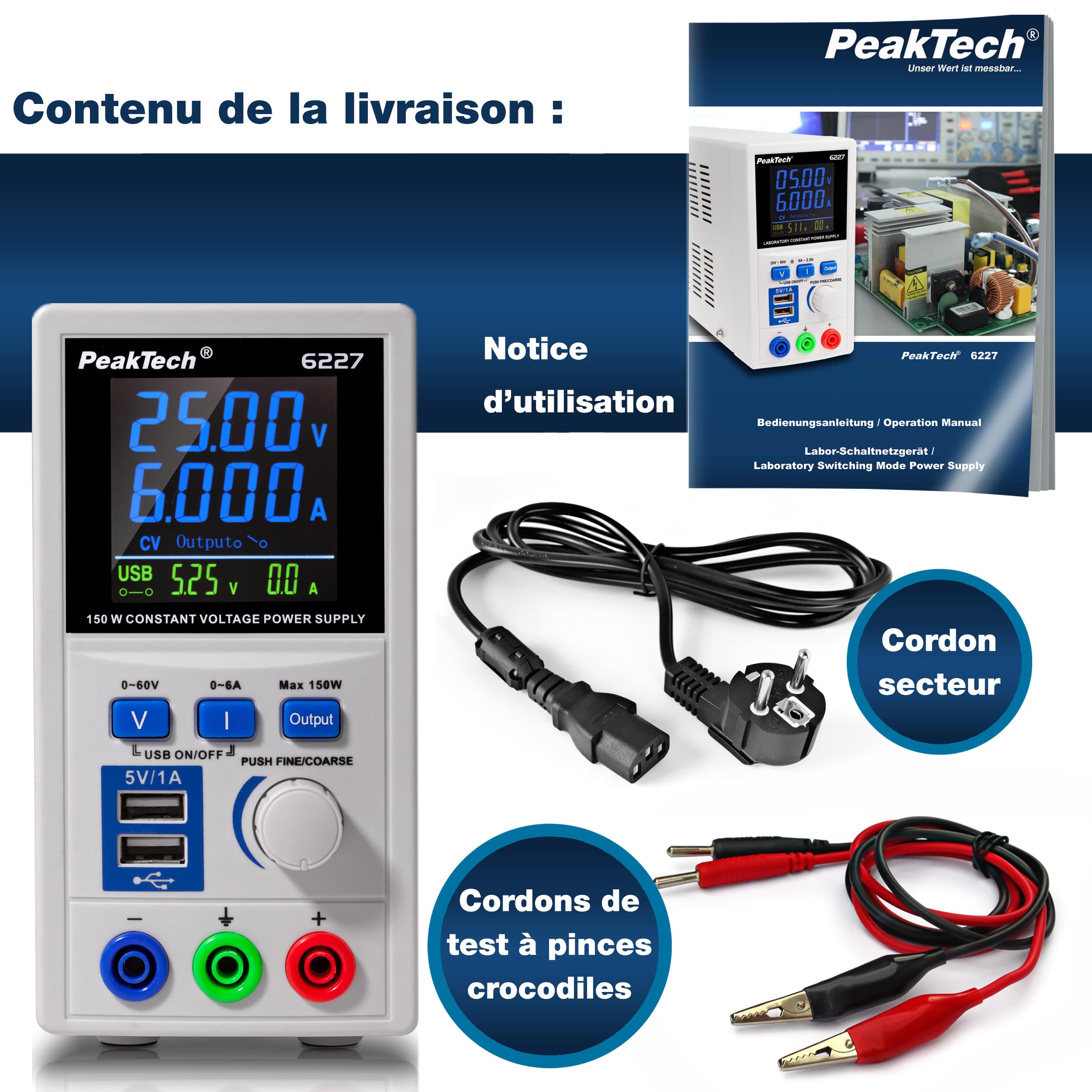 PeakTech P 6227 - DC Switching Power Supply 0-60 V/ 0-6 A with Color LCD & 2 x USB