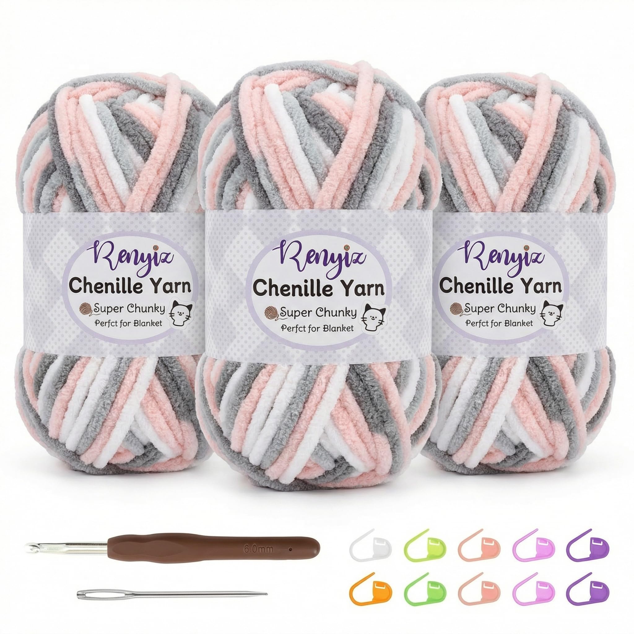 Renyiz Chunky Chenille Yarn for Crochet Kit - 3 Skeins Chenille Wool (100g Each) Soft Fluffy Thick Yarn, 6mm Crochet Hook Included for Beginners DIY Blankets (Grey Pink-3)