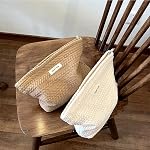 Sminra Sac de maquillage Sac cosmétique Preppy Toile Sac de toilette pour femmes Poche zippée mignon Organisateur Accessoires de voyage, Crème tissée Blanc, Grand