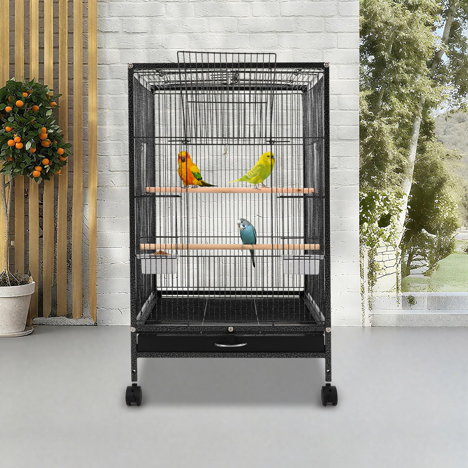 Gabbia per uccelli, grande, per interni, per pappagalli, in metallo, con ruote di trasporto, apertura verso l'alto, 46 x 46 x 94 cm, gabbia per pappagalli con 3 posatoi, ciotola per mangiatoia