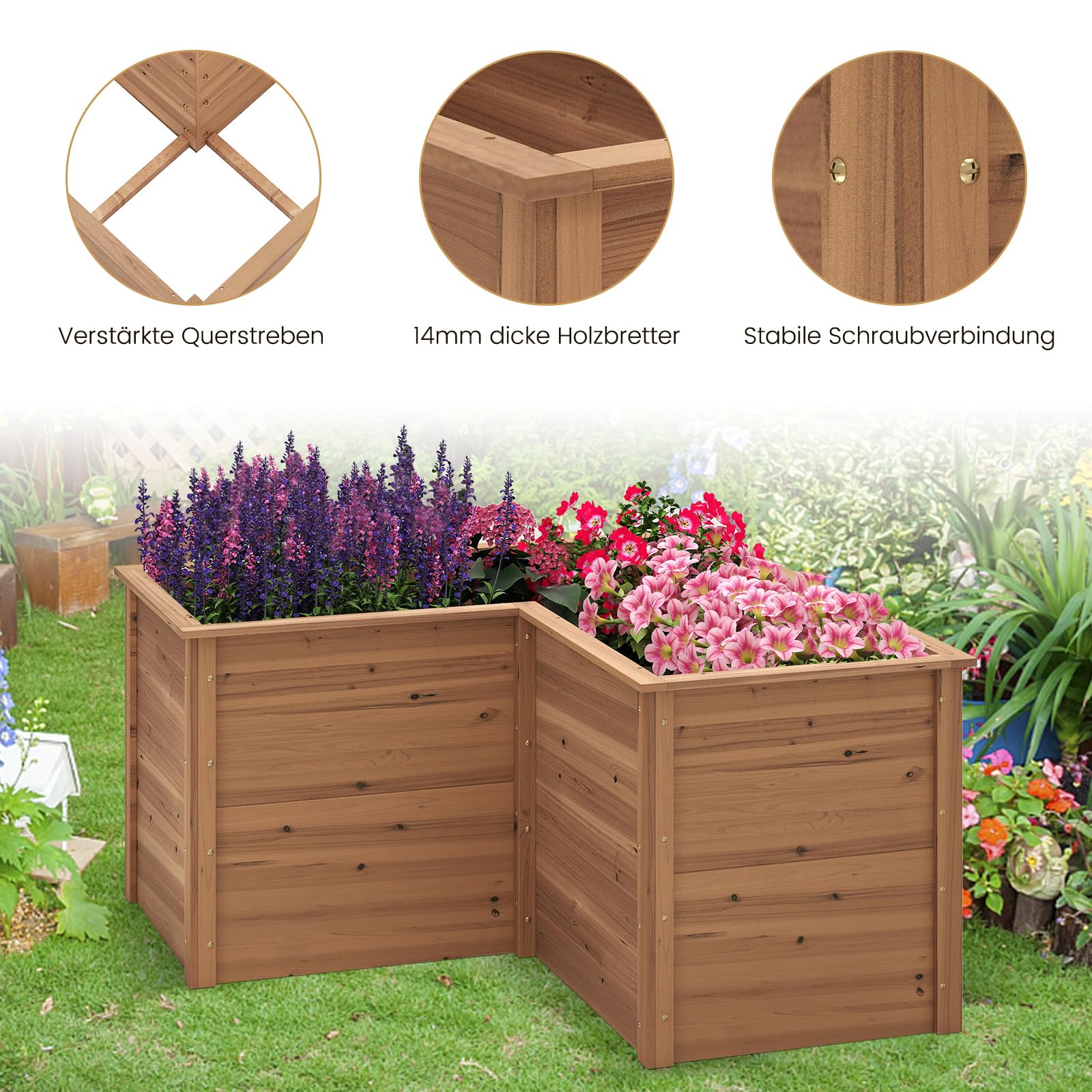 COSTWAY Erhöhtes Hochbeet Holz, Gartenbeet tief, Pflanzkasten mit offenem Boden, für Balkon Garten Terrasse, Pflanzenbeet L-förmig, Kräuterbeet Pflanzkasten, Tannenholz, 120 x 120 x 63 cm (Braun)