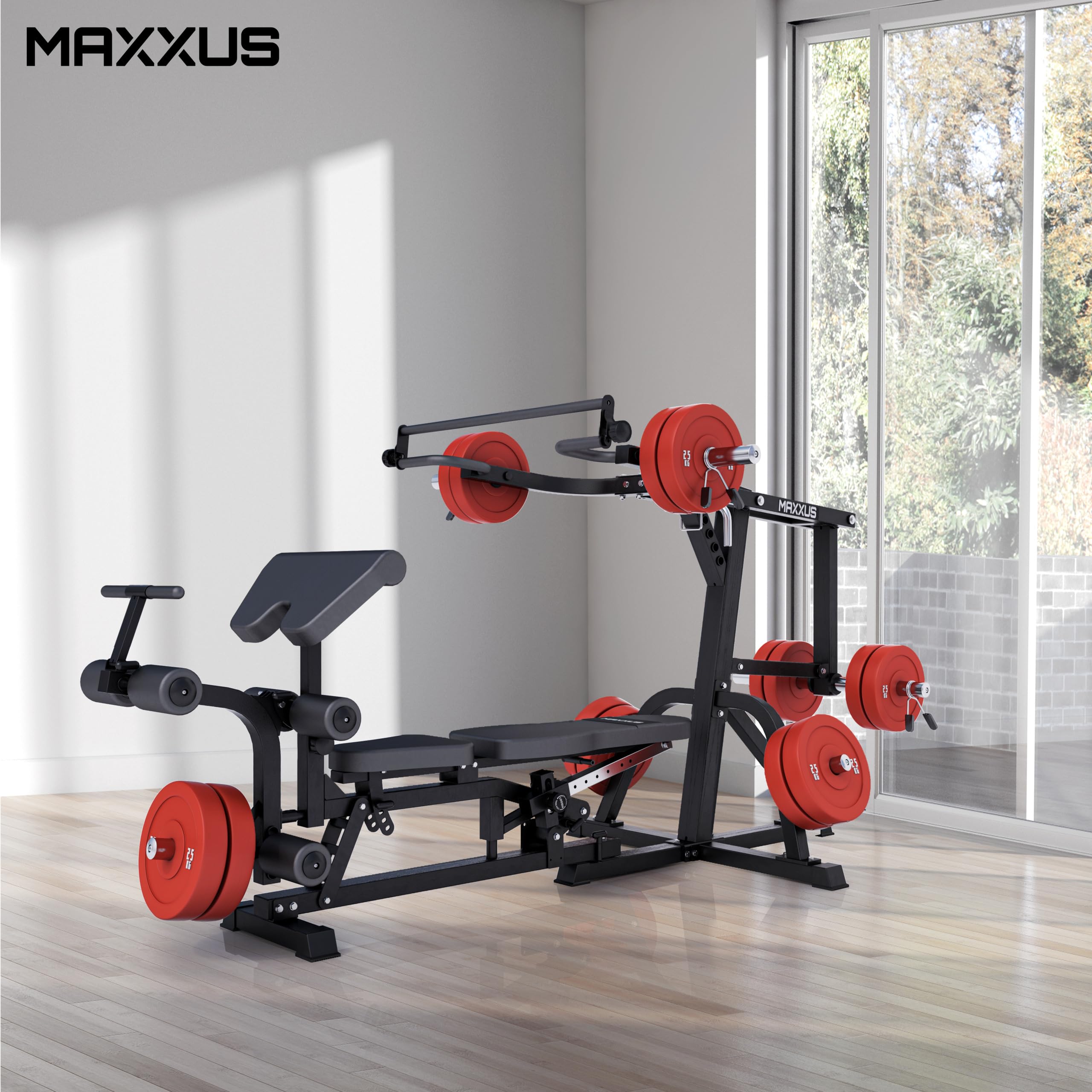 MAXXUS® Kraftstation 6.0 mit Verstellbarer Hantelbank und Olympia-Aufnahmen | Drehbare Trainingsbank mit Curlpult, Beincurl und Gleitlagern, geeignet für Bankdrücken und Kniebeugen in niedrigen Räumen