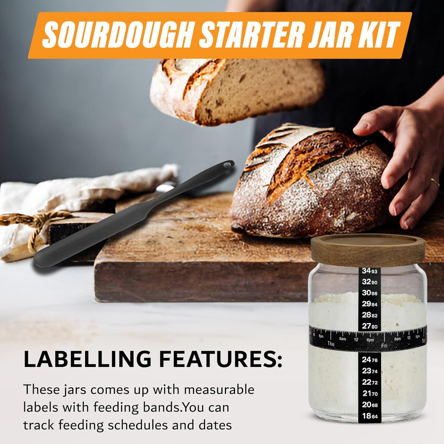 Sourdough Starter Jar Kit Pack Of 2, 24oz Jar with Wooden lids, Ounce Scale Line, Silicon Scraper, Cloth Cover, Thermometer Sticker, Date Marked Feeding Band, Sourdough Jars - Image 4
