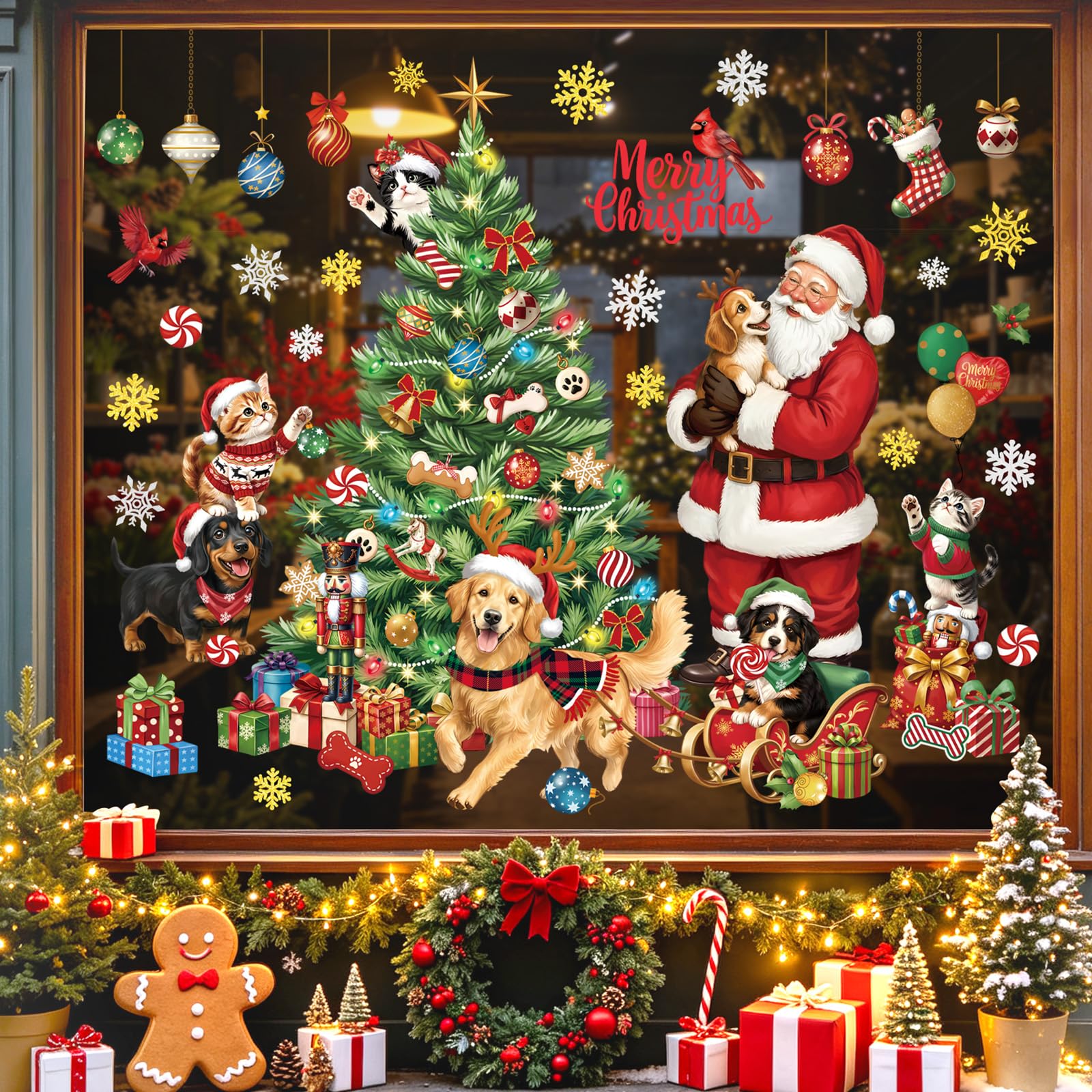 decalmile Window Clings Christmas Tree Santa Claus Dogs Xmas Windows Decals