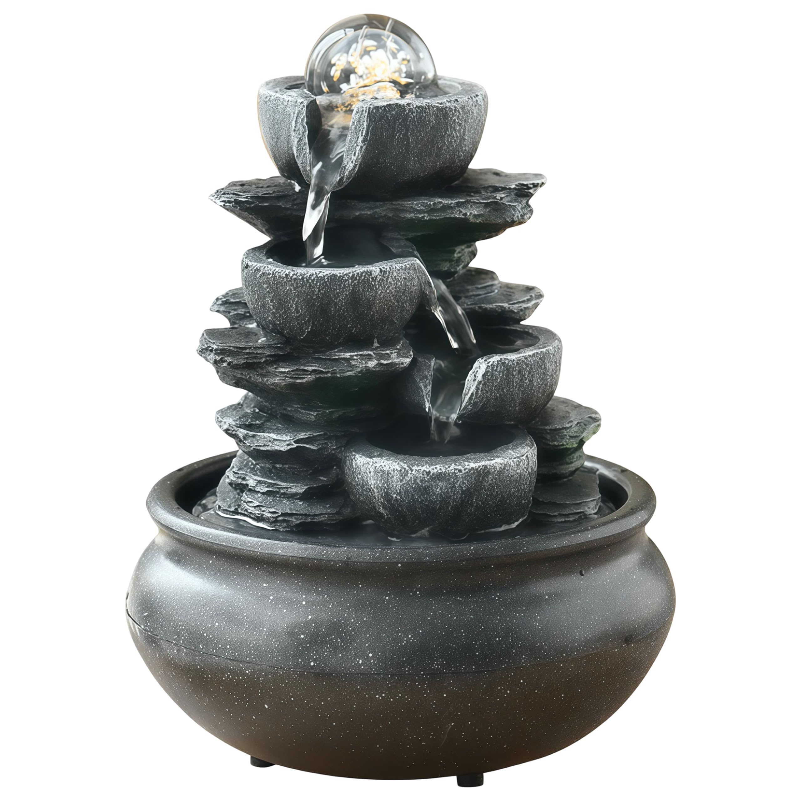 Zimmerbrunnen, Tischbrunnen mit Rollender Kugel, Naturwasserfall mit Steineffekt und Farbigem LED Licht, Tischplatte Wasserbrunnen, Steingarten, Zen Tischdekoration