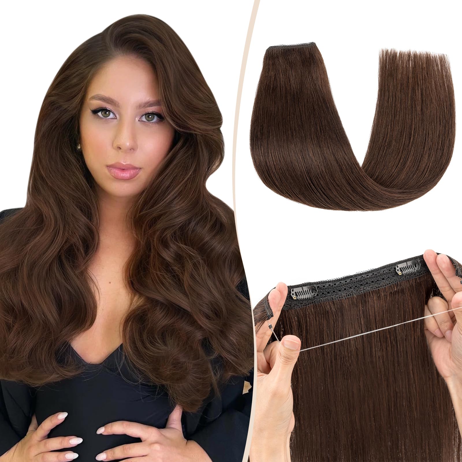 Benehair #2 Dark Brown Real Hair Secret Wire Extensions Remy Human Invisible Wire Hair Extensions with Clips One Piece Adjustable Straight 20 Inches (70g)
