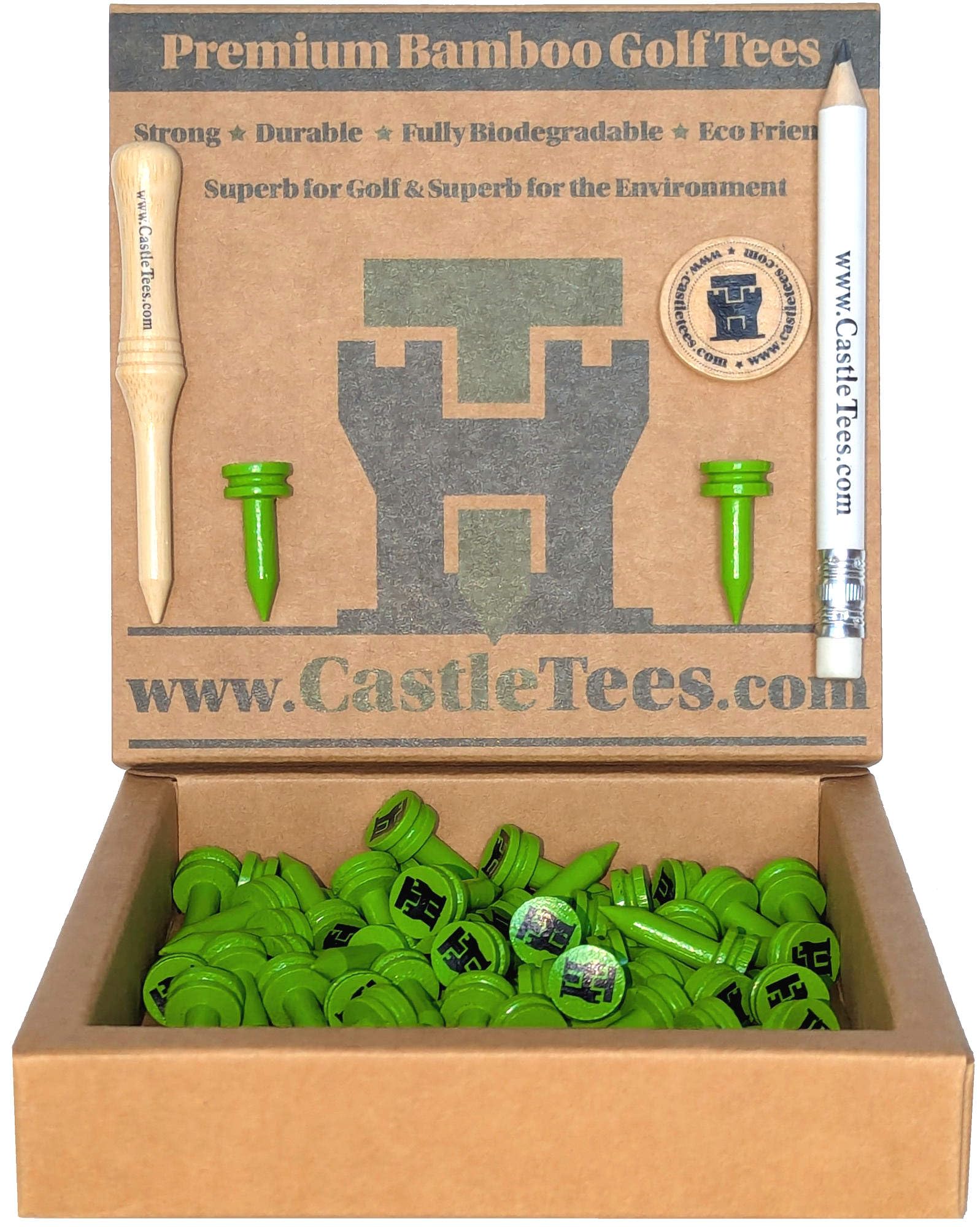 Castle Tees Official Green 40 pcs x 25mm 1 inch Green Premium Bamboo Golf Tees with a Free Pitch Repair Tool, Ball Marker & Pencil. Twice the strength of regular bamboo very strong & a Great Golf Gift
