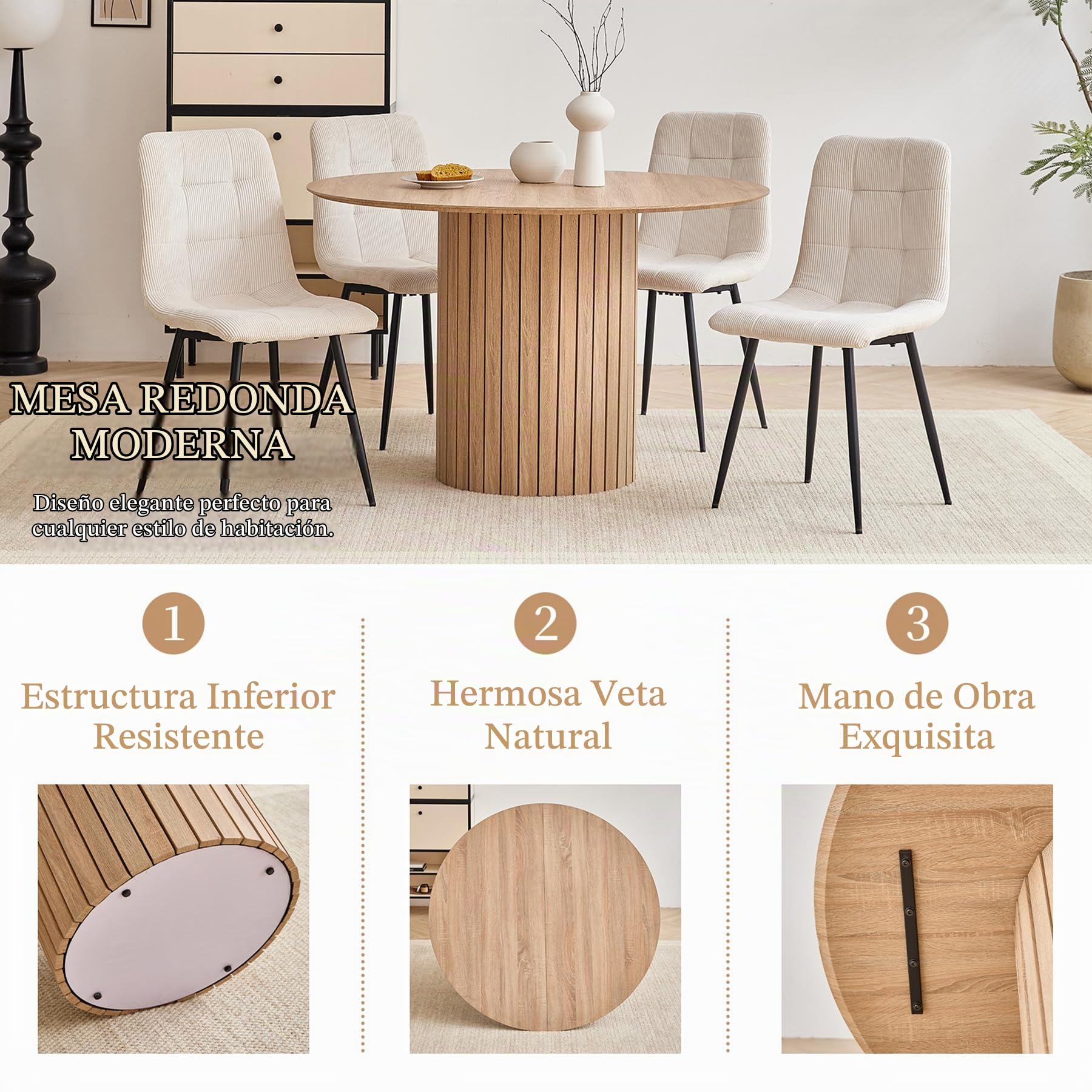 Mesa de Comedor Redonda para 4-6 Personas, Mesa de Comedor de Granja con Base de Pedestal de Listones de Madera, Mesa de Cocina en MDF (Natural, 120 * 120 * 76cm)