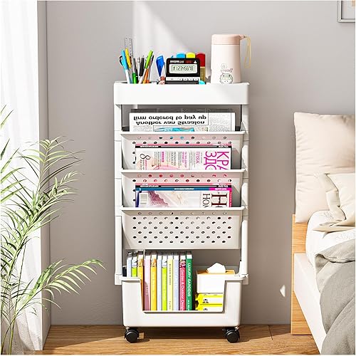 Generic Desk Organizers and Accessories, Office Supplies Desktop Organizer with Wheels, Desk File Organizer, 5 Tier File Folder Holder,Magazine Storage Bookshelf for School Classroom Home (White)