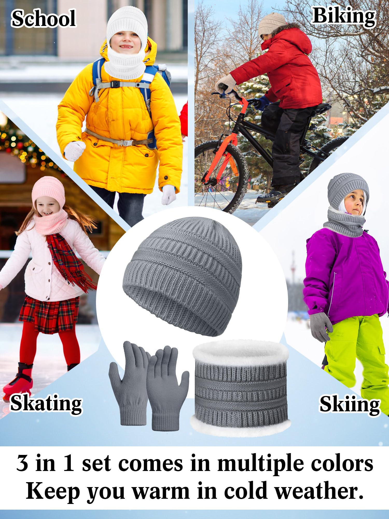 Set di 12 guanti invernali per bambini, con cappello e sciarpa in pile, per bambini dai 3 ai 12 anni