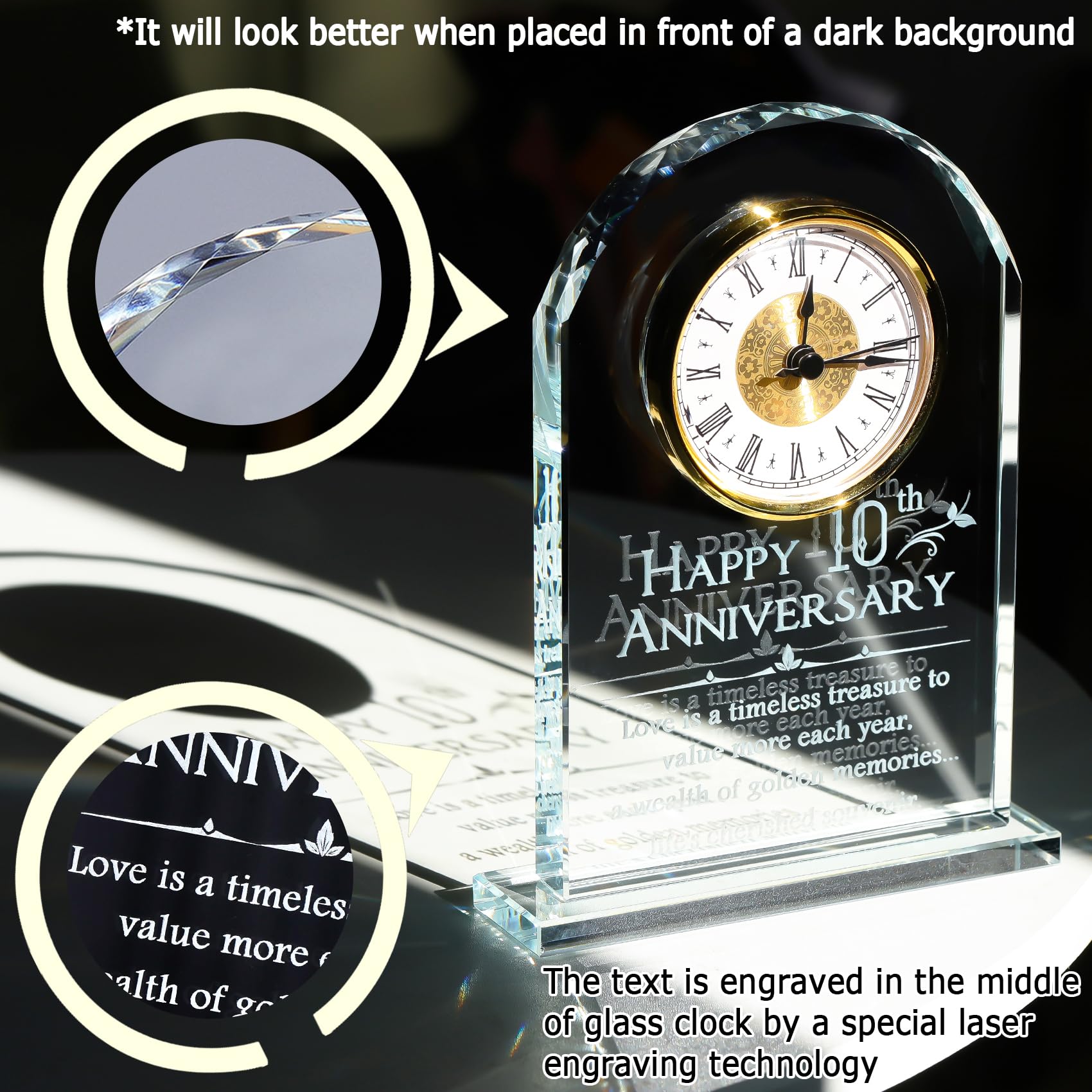 Movdyka Crystal 10th Anniversary Desk Clock Gifts Tin Wedding Presents for Married Couples 10 Years of Marriage Home Ornaments Anniversary Keepsake for Wife Parents - Image 3