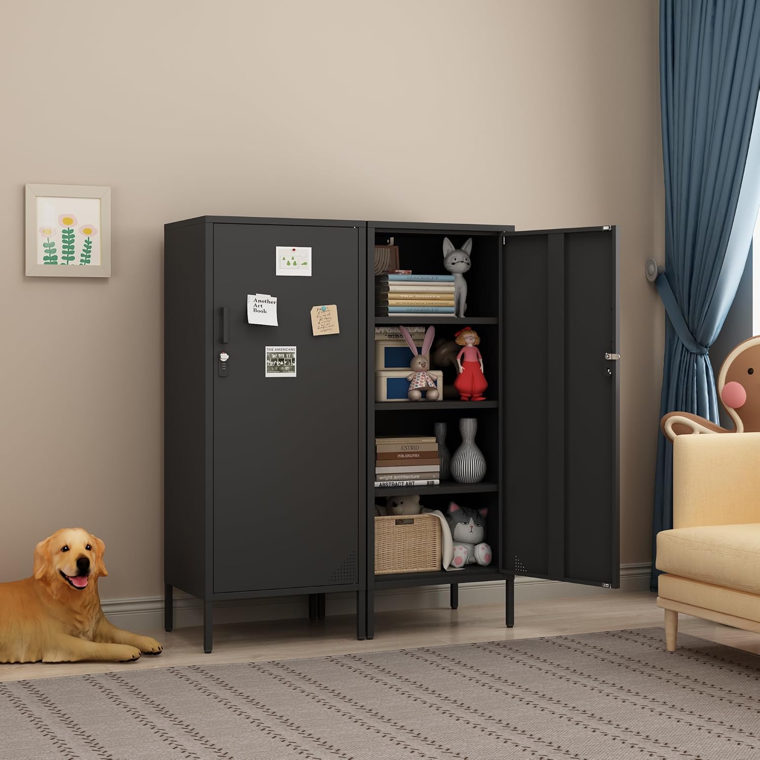 Metal Locker Cabinet Lockable Bathroom Storage Cabinet Black 4 Tier Employee Lockers for Home, School, Office, Garage H49.21'' (Black)