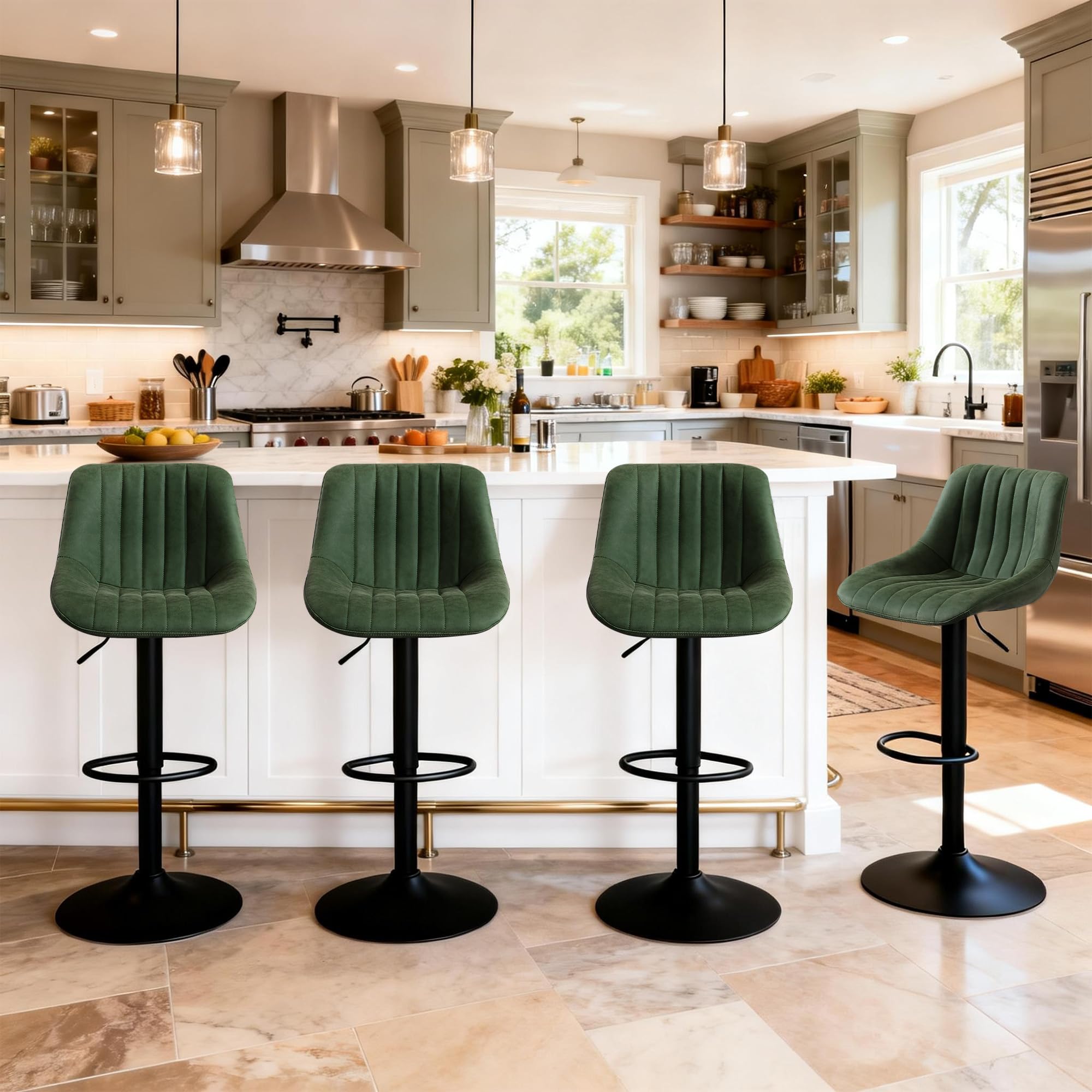 Relbiety Swivel Adjustable Bar Stools Set of 4, Counter Height Barstools with Back and Footrest, Faux Leather Barstool,Upholstered Modern Armless Bar