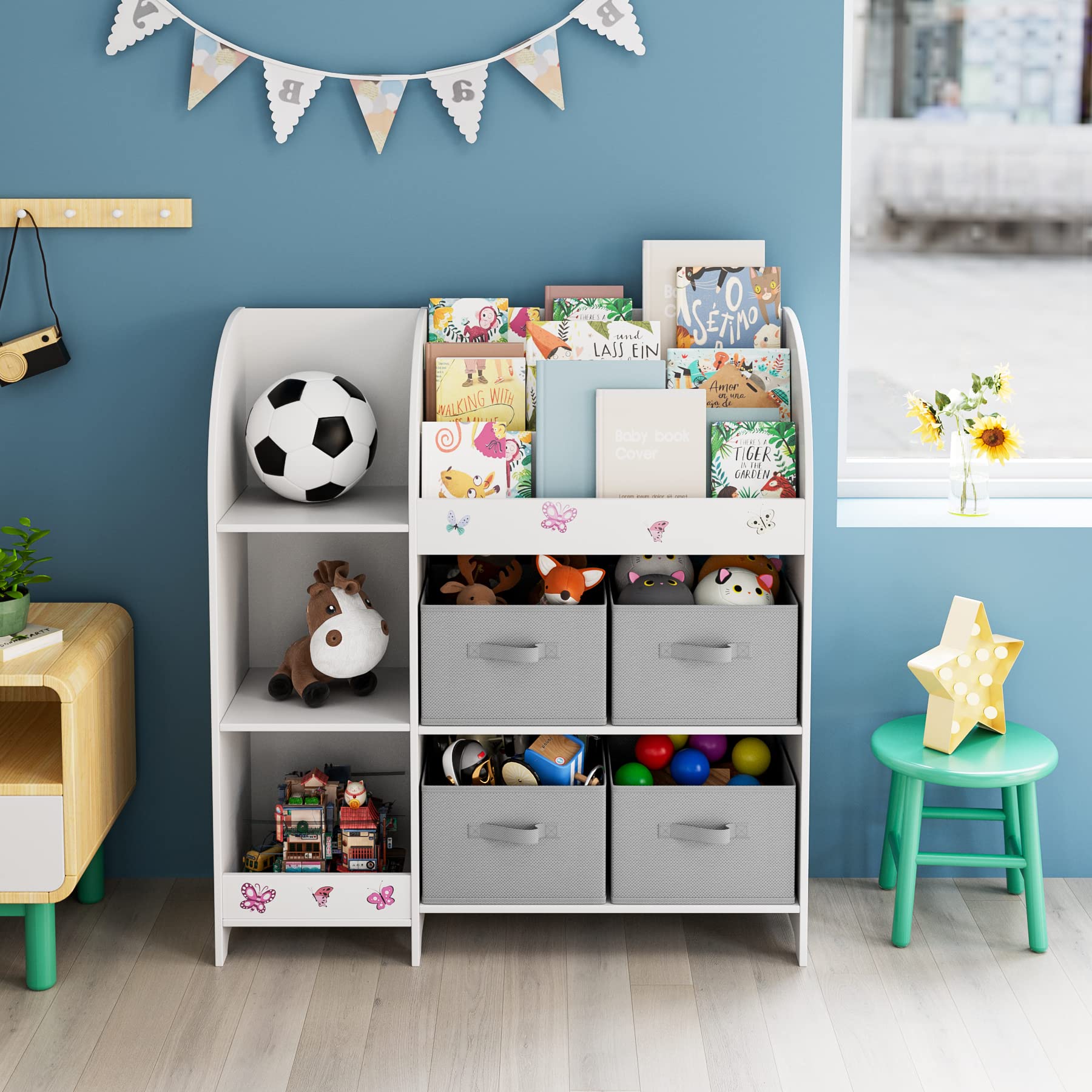 HOCSOK Estantería para Juguetes, Estanterias Almacenaje de Juguetes con 4 Cajones de Tela Extraíbles, Organizador de Juguetes y Libros para Niños, Blanco 92.2 x 100.2 x 30
