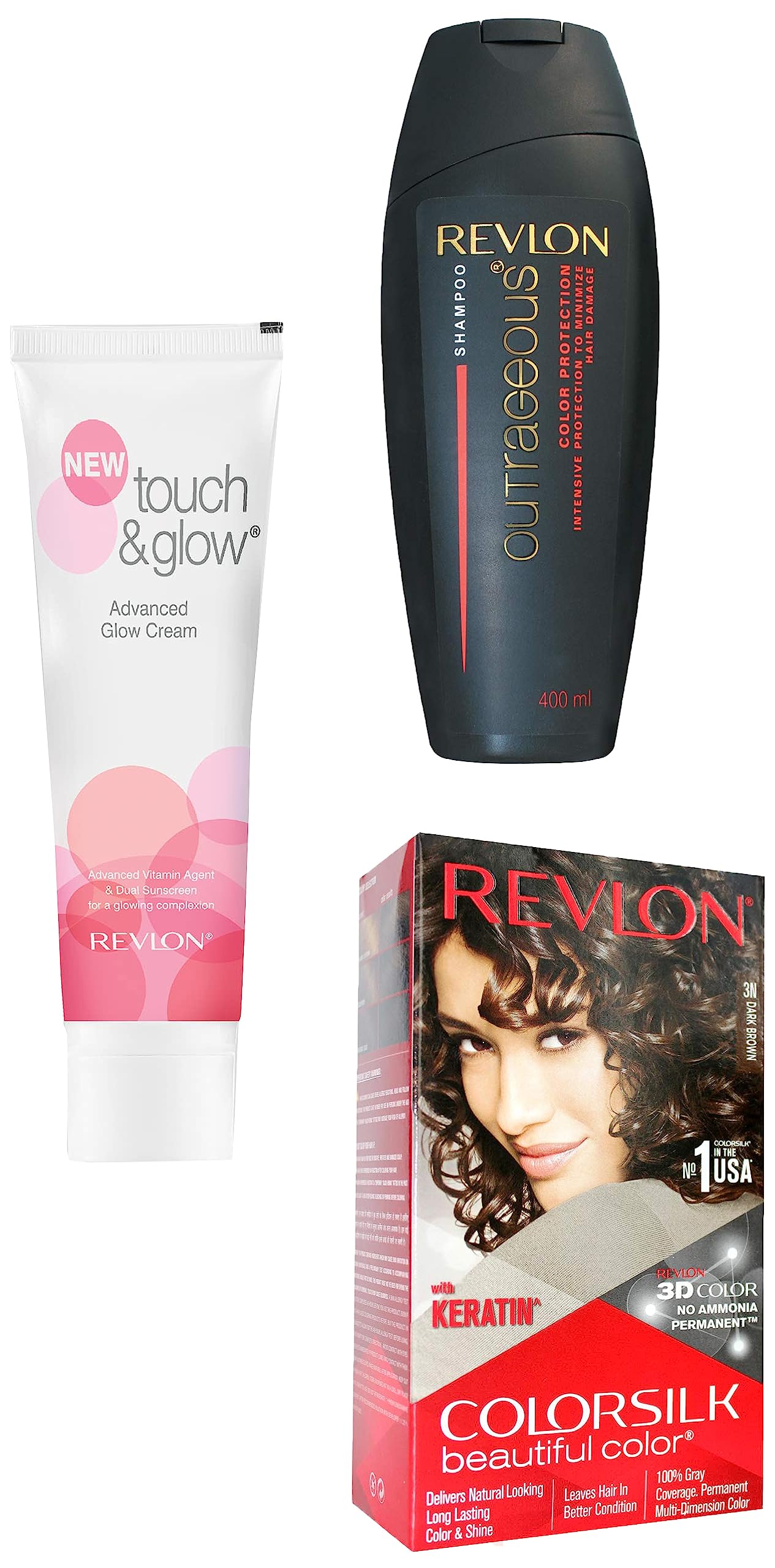 Outrageous Color Protection Shampoo, 400ml & Color Silk Hair Color (3D Color Gel Technology) With Keratin, 300g - Dark Brown 3N & Touch & Glow Advanced Fairness Cream, 75g