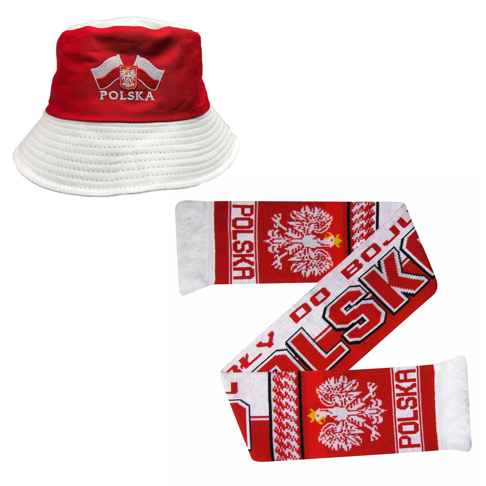 Poland Official Football Supporters’ Bucket Hat & Scarf Set - Polska Fans Unisex Hat and Scarf (Cotton Hat - Acrylic Scarf)